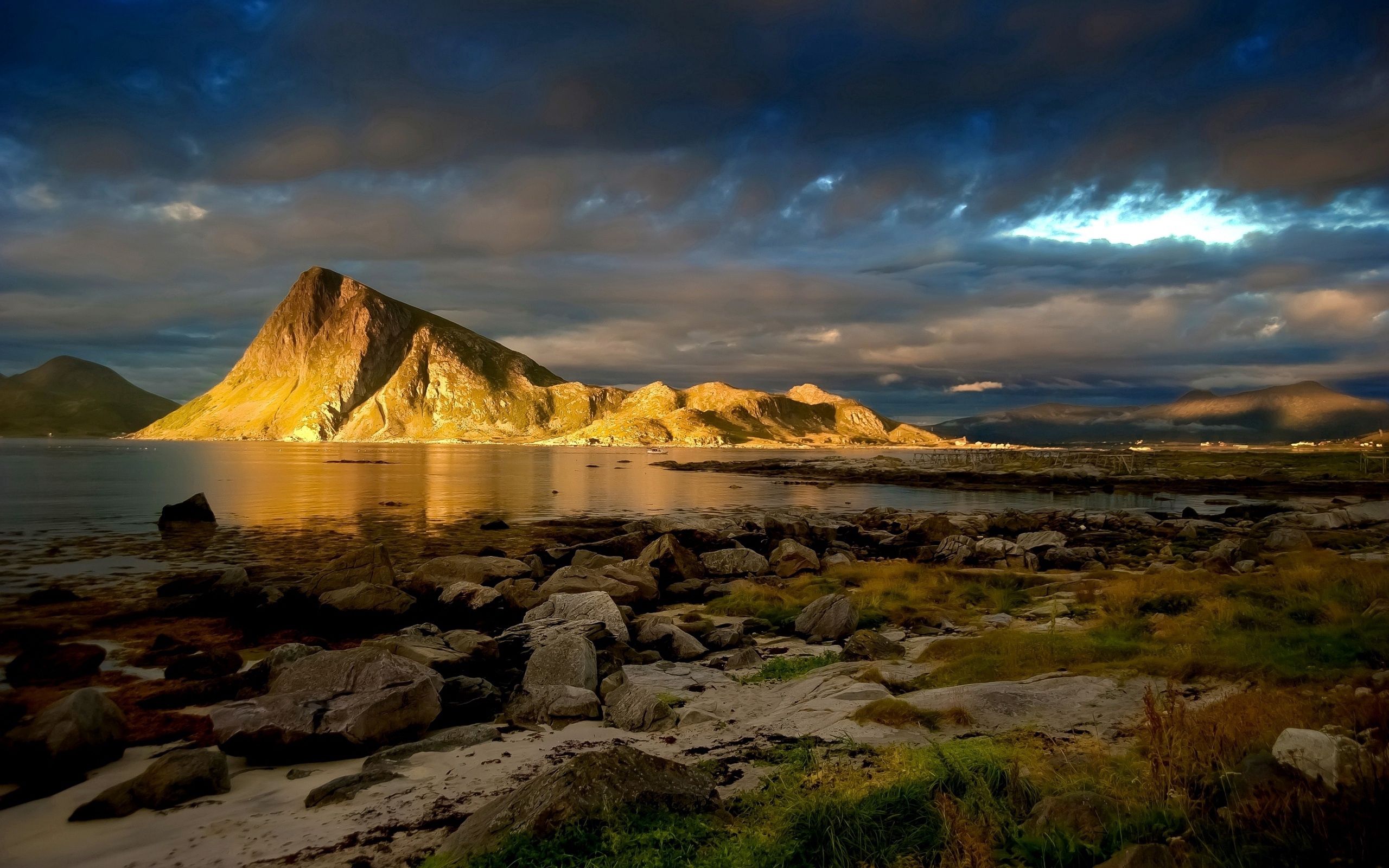 nature, grass, sky, clouds, lumen, mountain, bank, shore, illumination, thick, lighting, opening, rocky, stony HD wallpaper