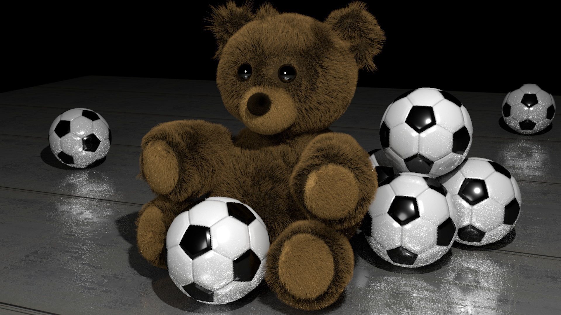138318 скачать картинку игрушки, разное, плюшевый медведь, футбольные мячи - обои и заставки бесплатно