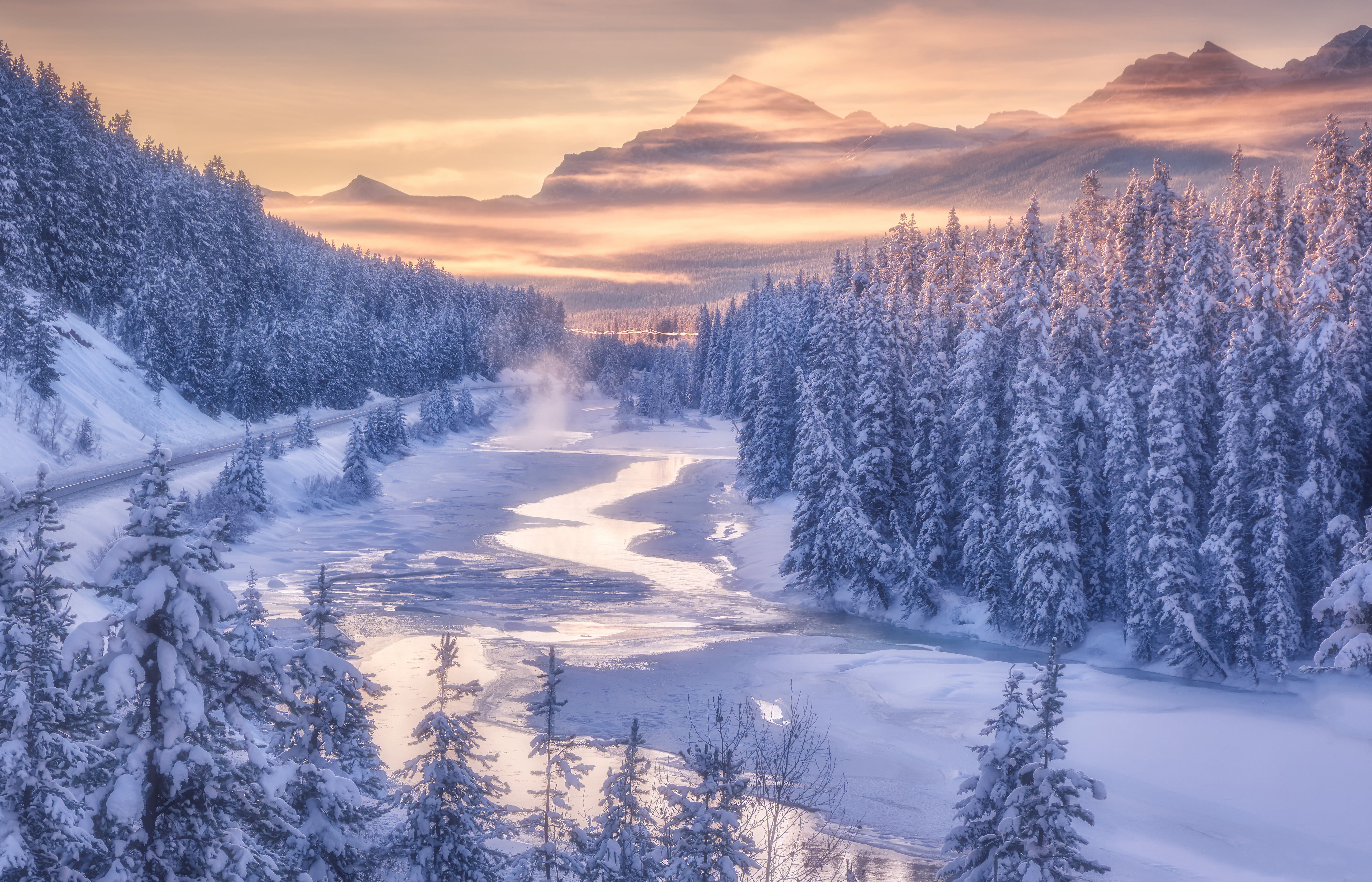 1001904 скачать картинку зима, лес, земля/природа, альберта, национальный парк банф, канада, канадские скалистые горы, гора, река - обои и заставки бесплатно