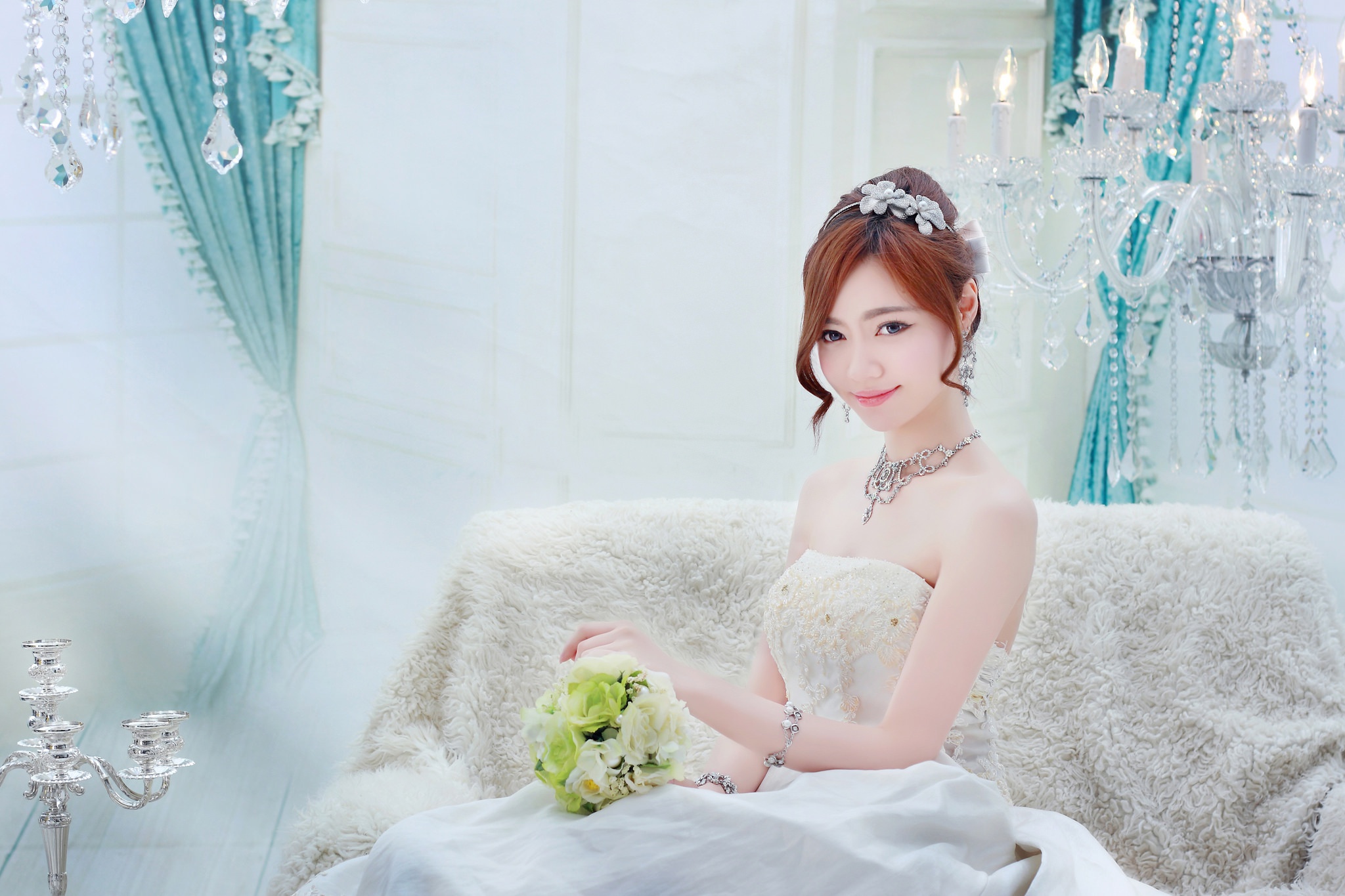 women, bride, asian, chandelier, necklace, redhead, wedding dress, white dress Full HD