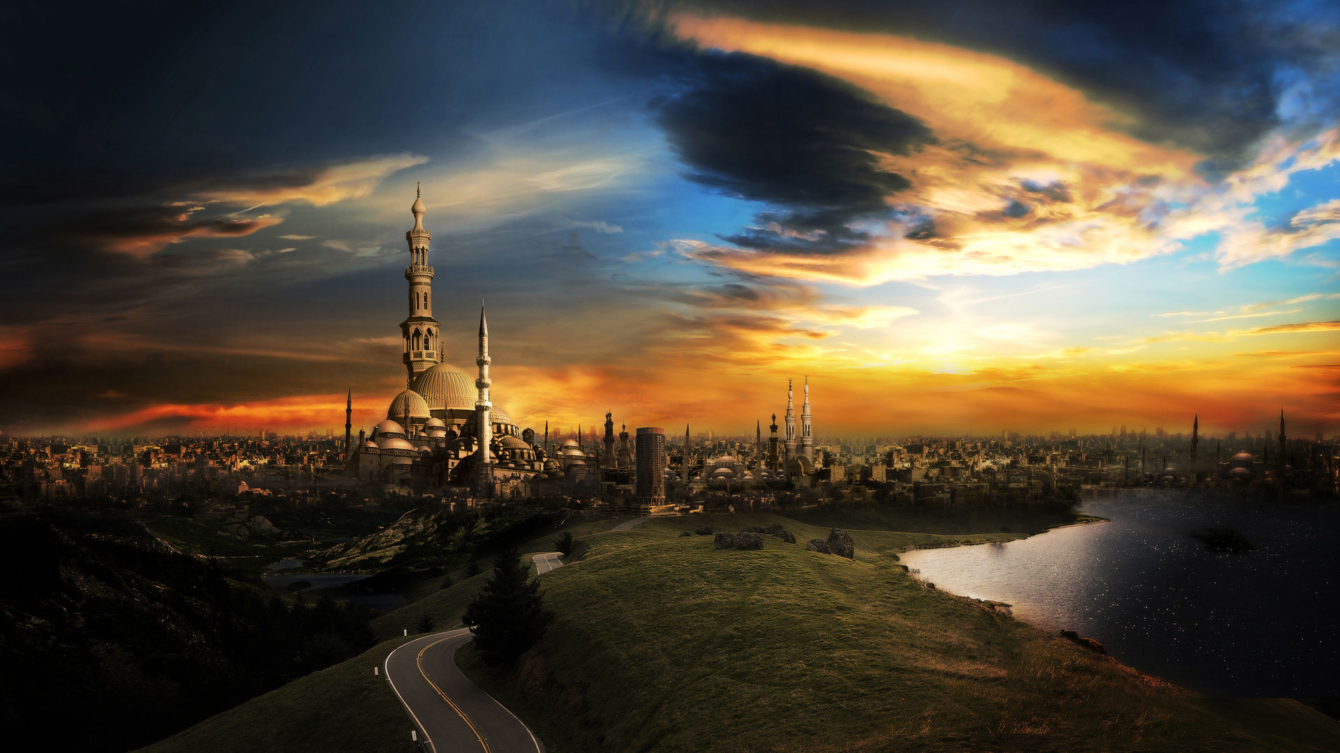 islam, landscape, man made, cgi, sunset, lake, road, city, cairo, sky, cloud