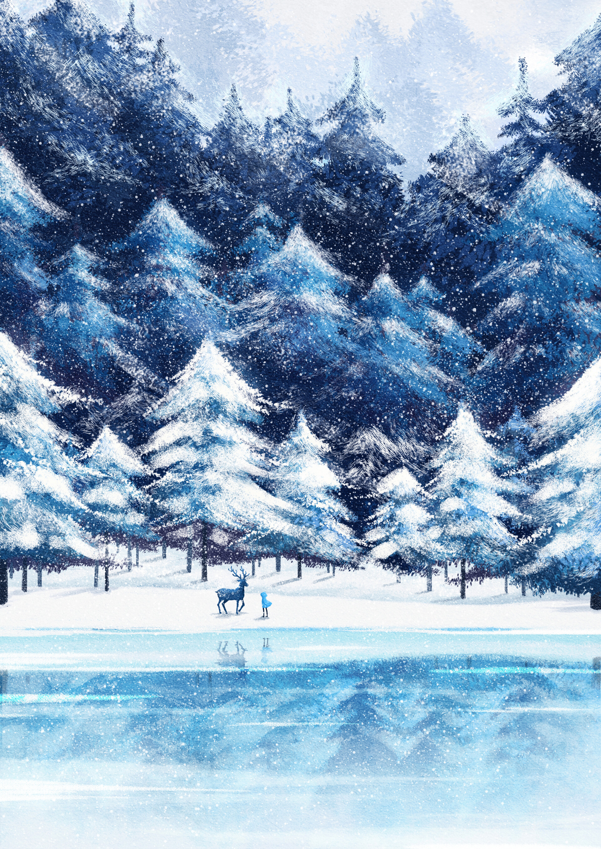 Download mobile wallpaper Deer, Forest, Snow, Winter, Silhouette, Art for free.