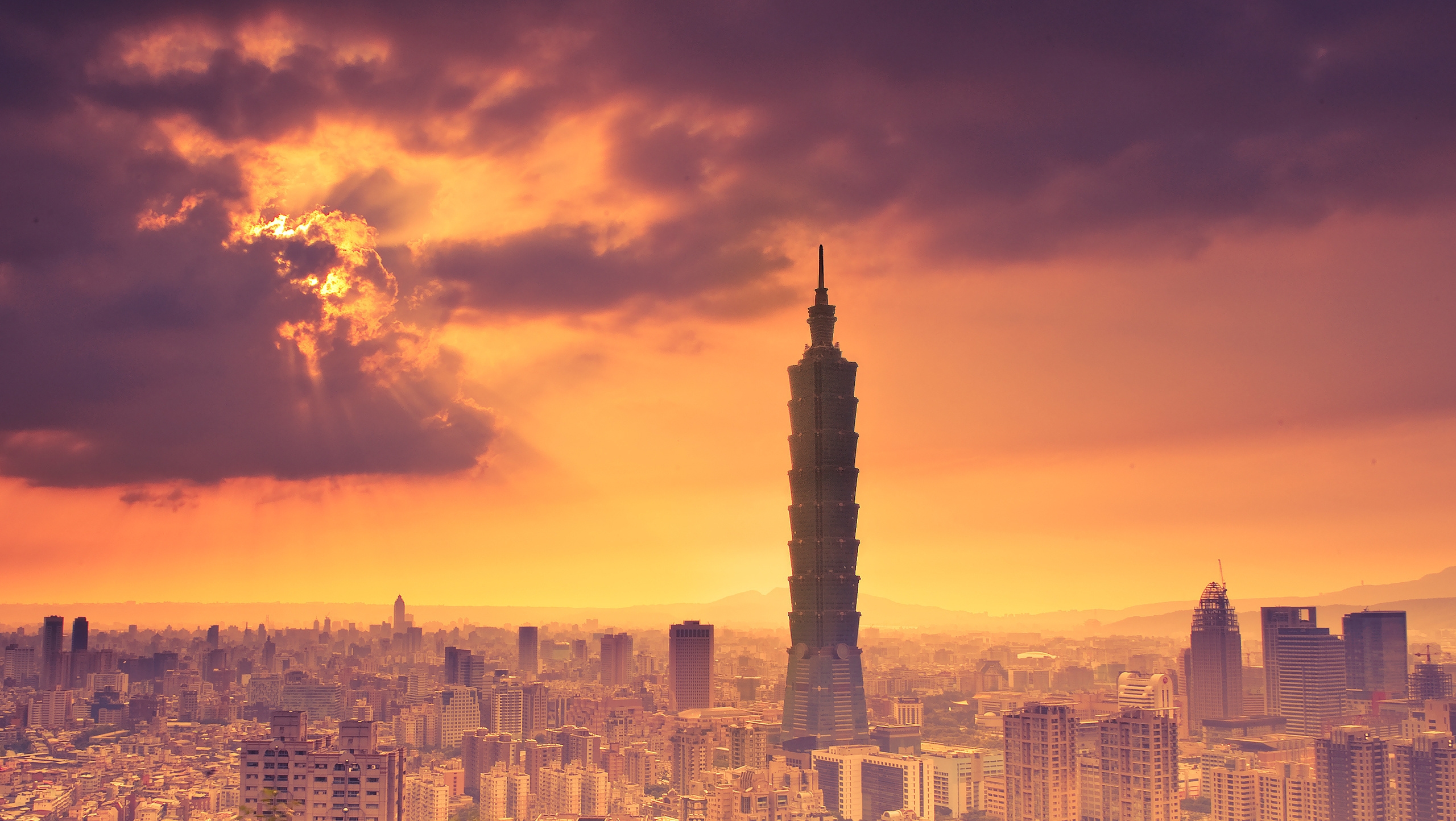 cities, sky, clouds, building, tower, china, taiwan, taipei, lights of a sun, rays of the sun, prc mobile wallpaper