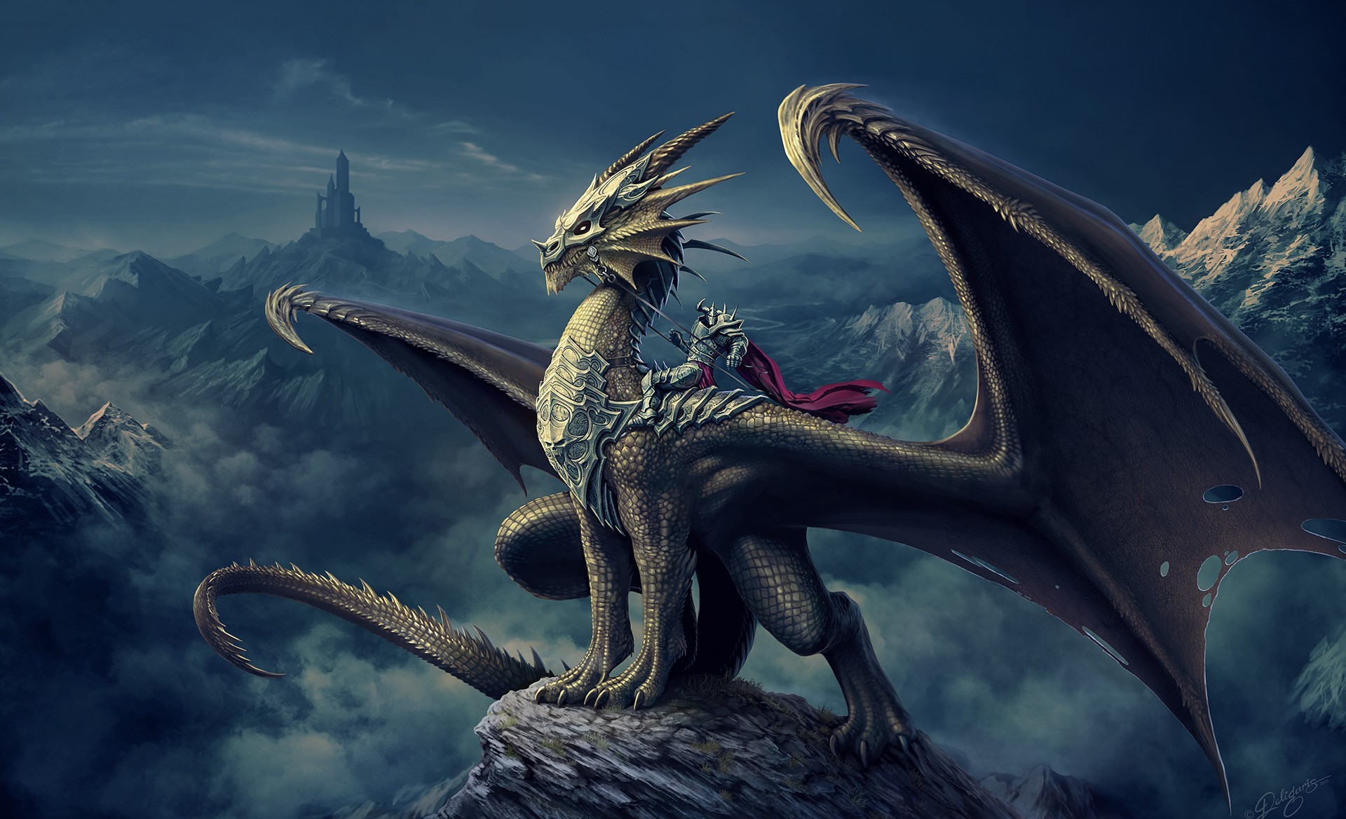 fantasy, dragon, nick deligaris, tower, art, mountains, lock, rider, horseman iphone wallpaper