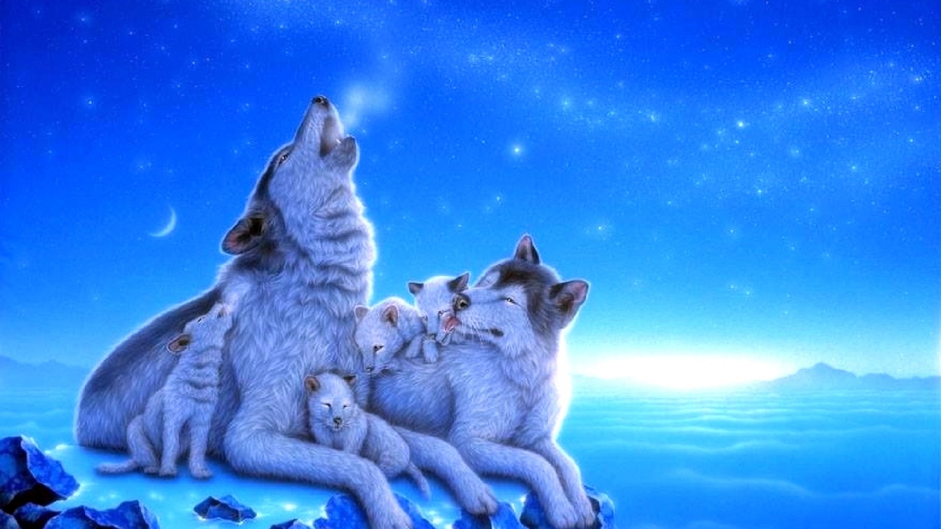 wolf, blue, love, fantasy, cub, howling, moon, sky, stars