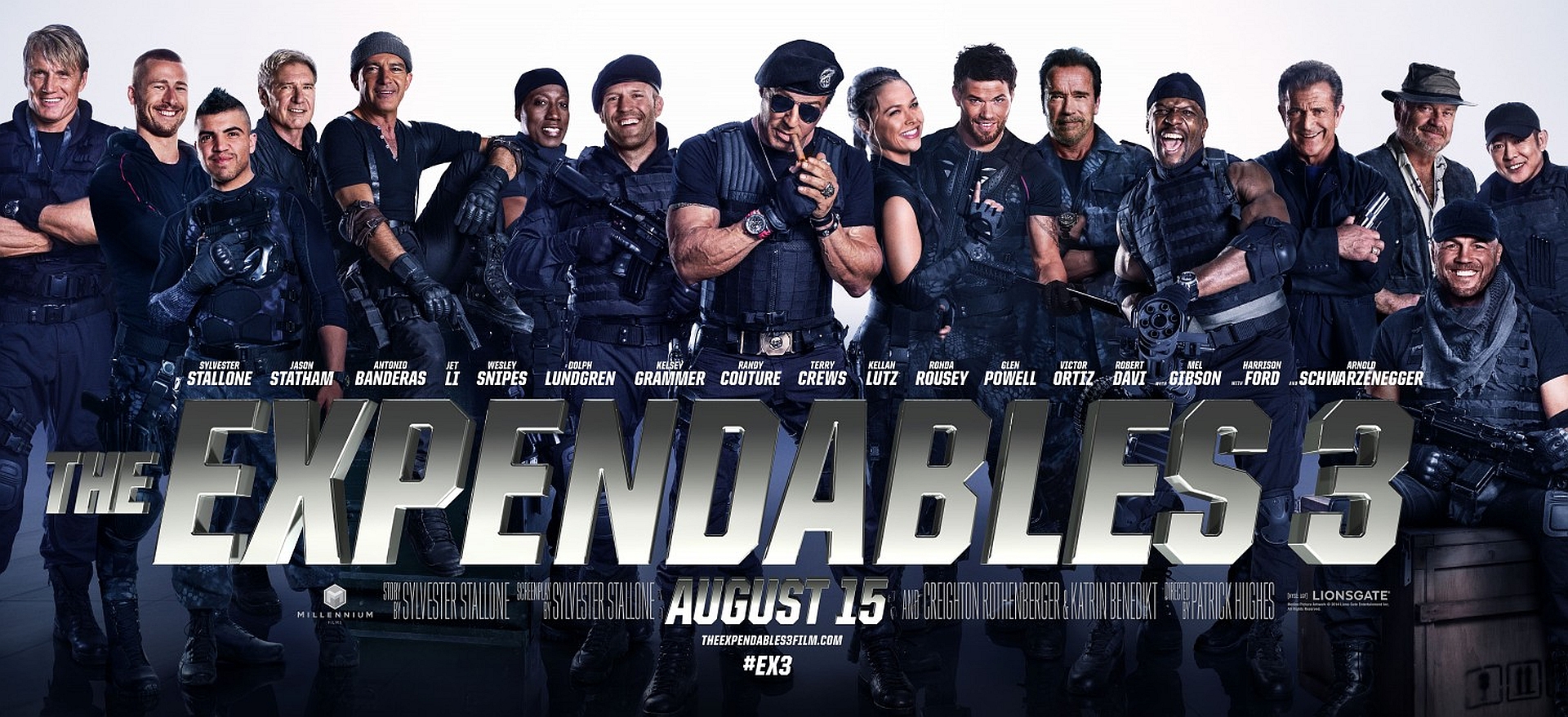 movie, the expendables 3, antonio banderas, arnold schwarzenegger, glen powell, harrison ford, jason statham, kellan lutz, mel gibson, ronda rousey, sylvester stallone, terry crews, wesley snipes, the expendables for android