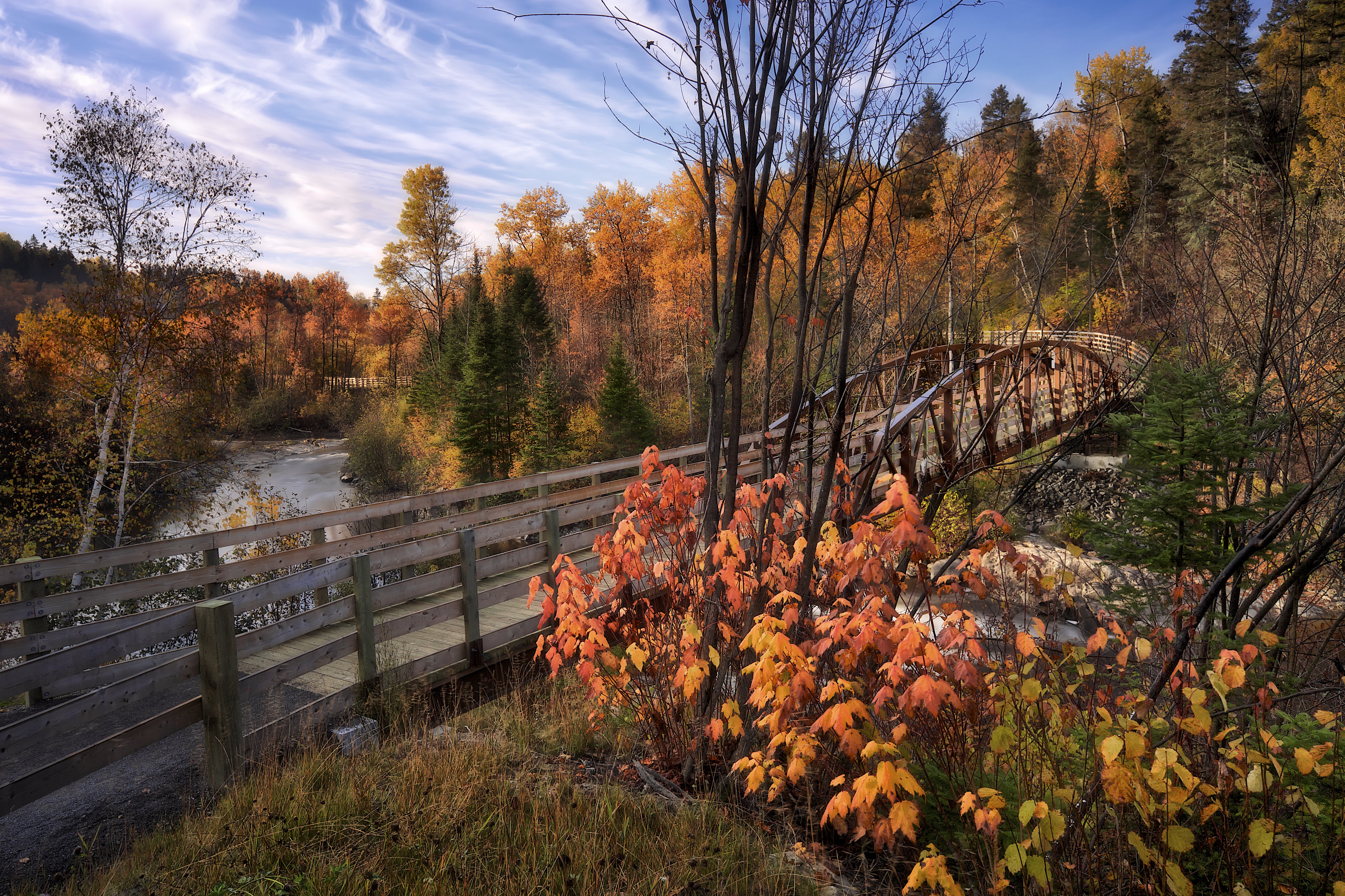 Download mobile wallpaper Bridges, Canada, Forest, Fall, Bridge, River, Man Made for free.