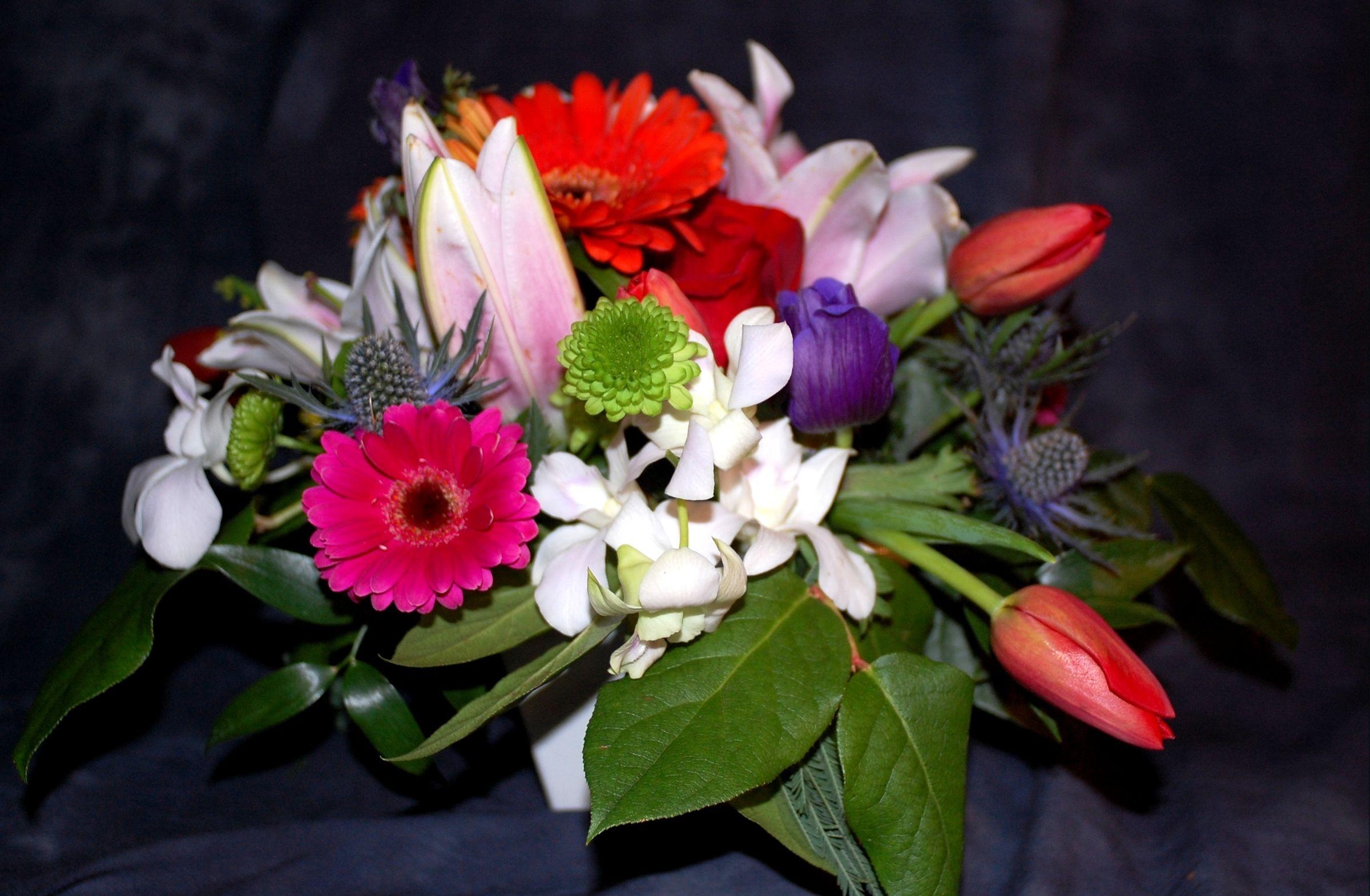 flowers, leaves, tulips, chrysanthemum, gerberas, bouquet, composition Full HD