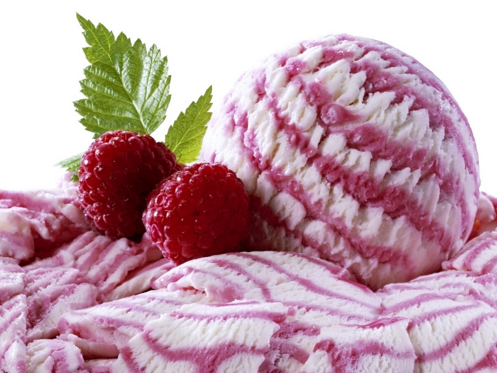 food, raspberry, ice cream, leaf, stripes, streaks, ball, leaflet, bead Full HD