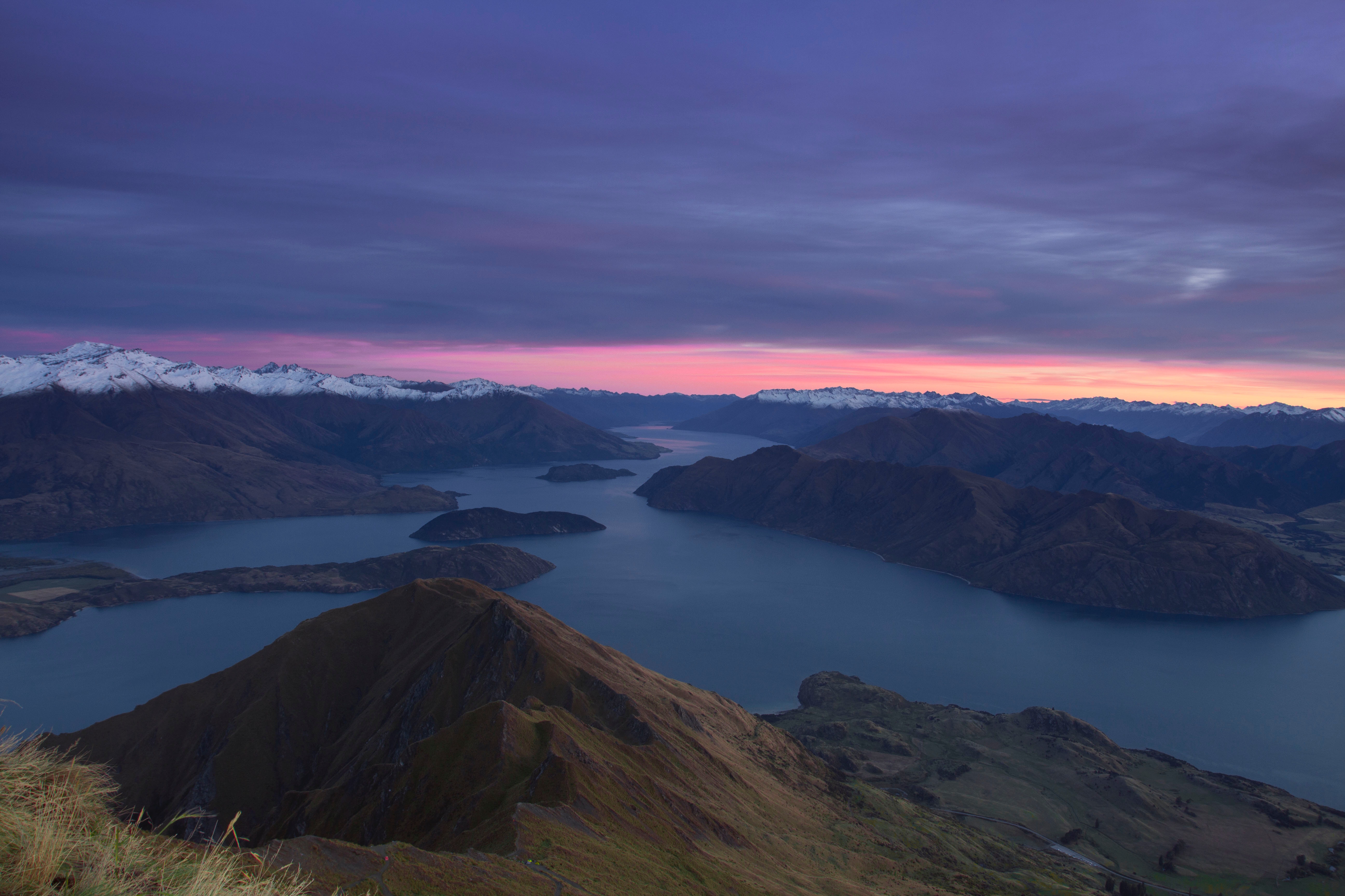 Скачать обои бесплатно Природа, Горы, Вид Сверху, Новая Зеландия, Озеро, Рассвет картинка на рабочий стол ПК
