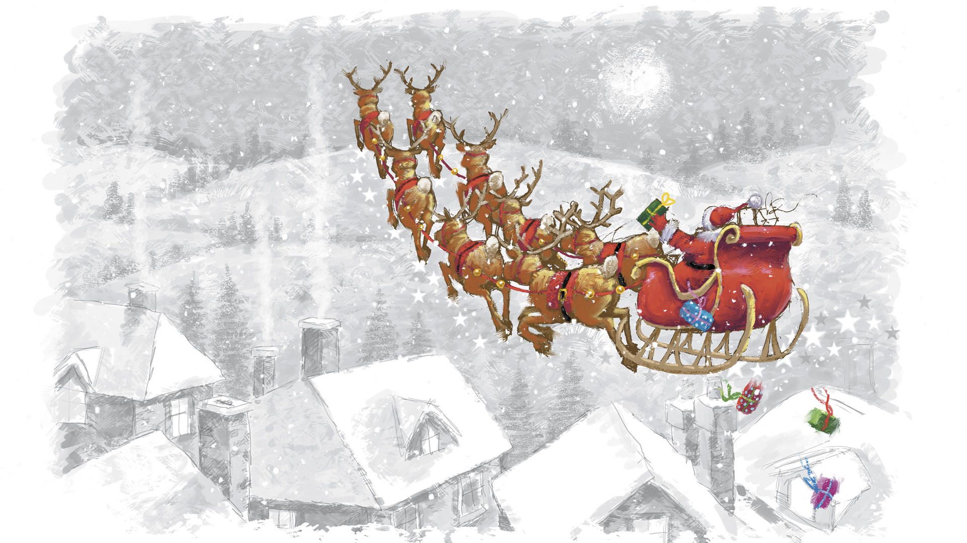 holidays, gifts, santa claus, deers, flight, sleigh, sledge, presents