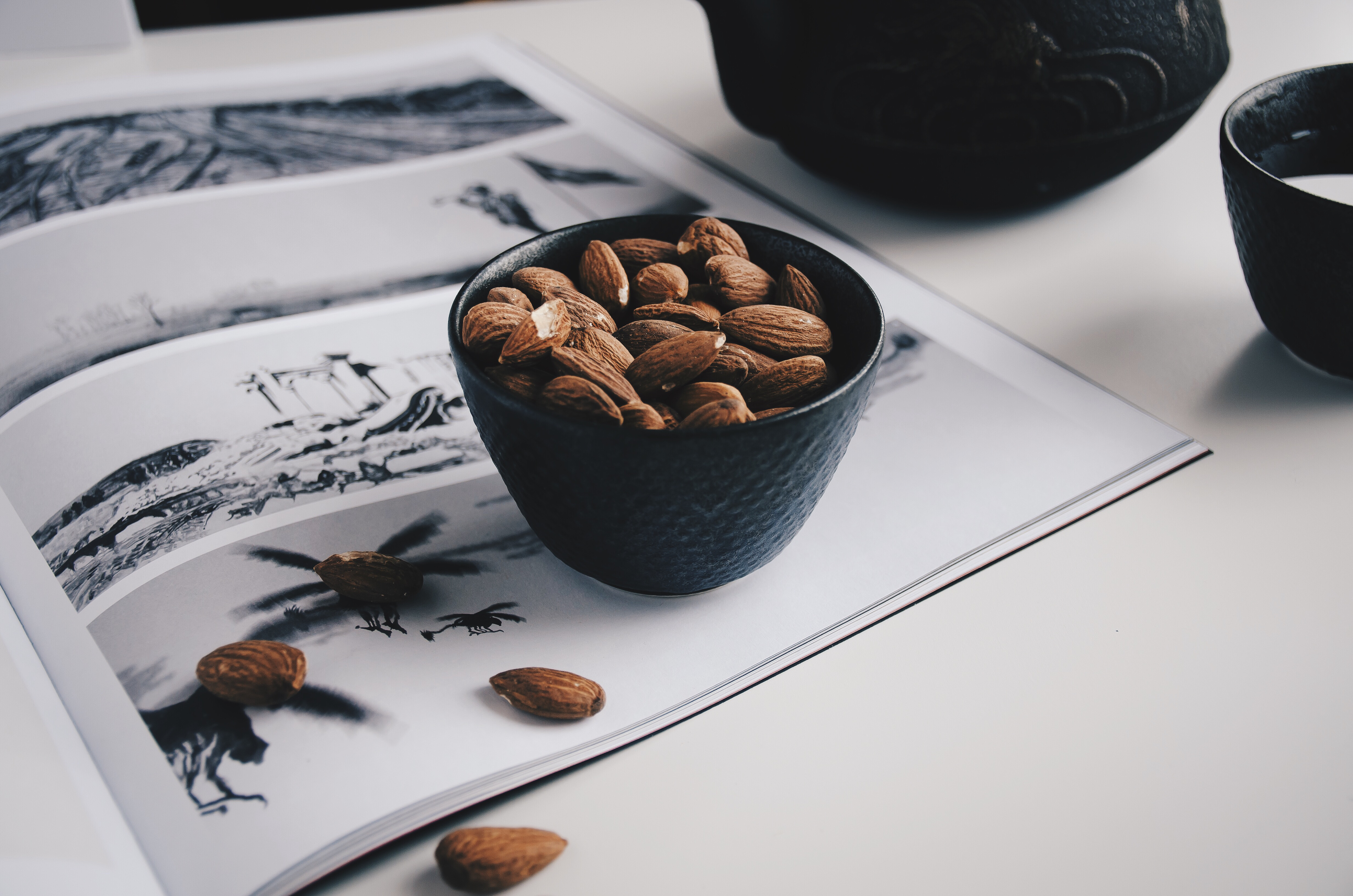 nuts, food, bowl, table, almond, magazine, journal HD wallpaper