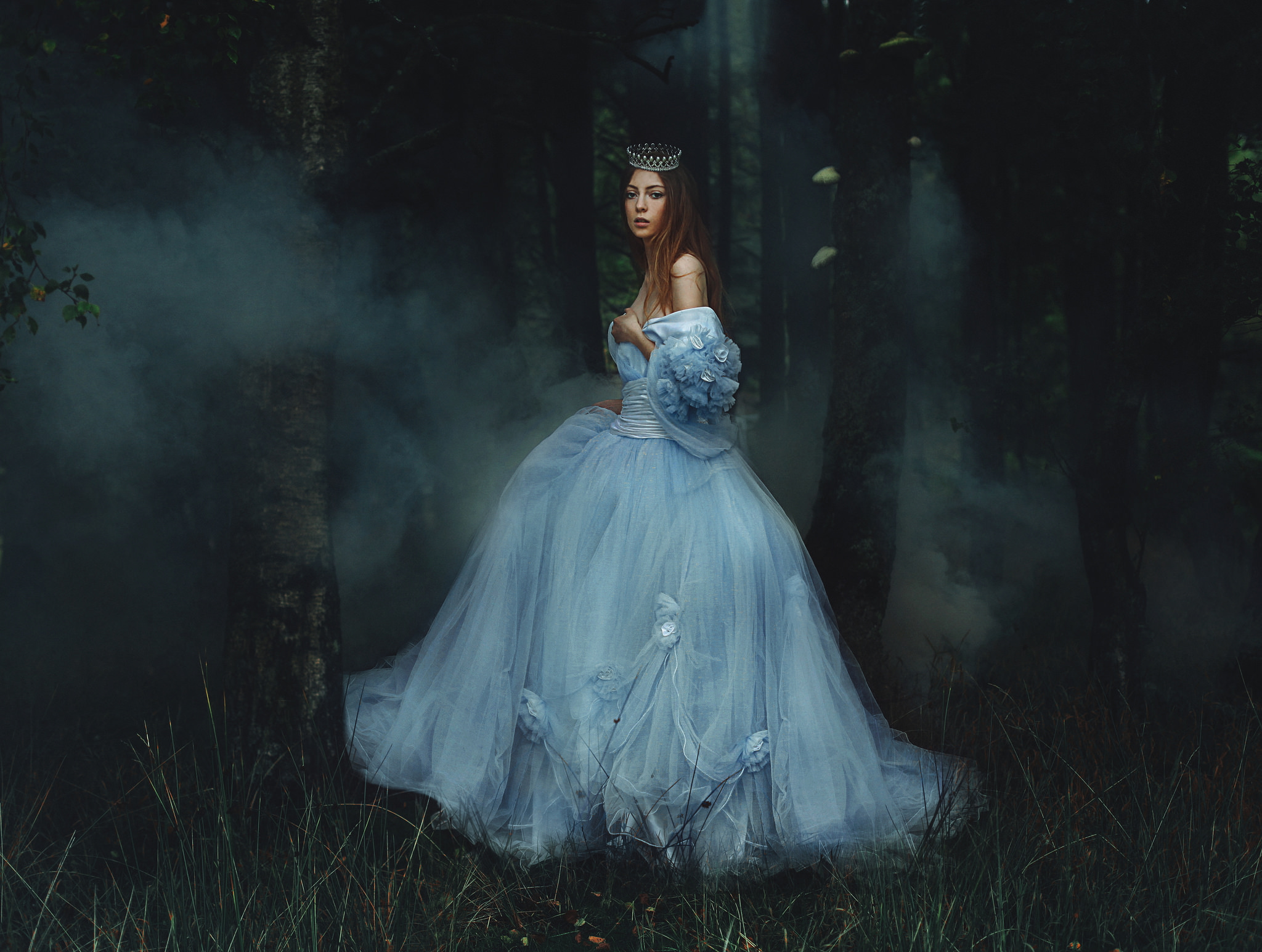women, artistic, blue dress, crown, fairy tale, fog, forest
