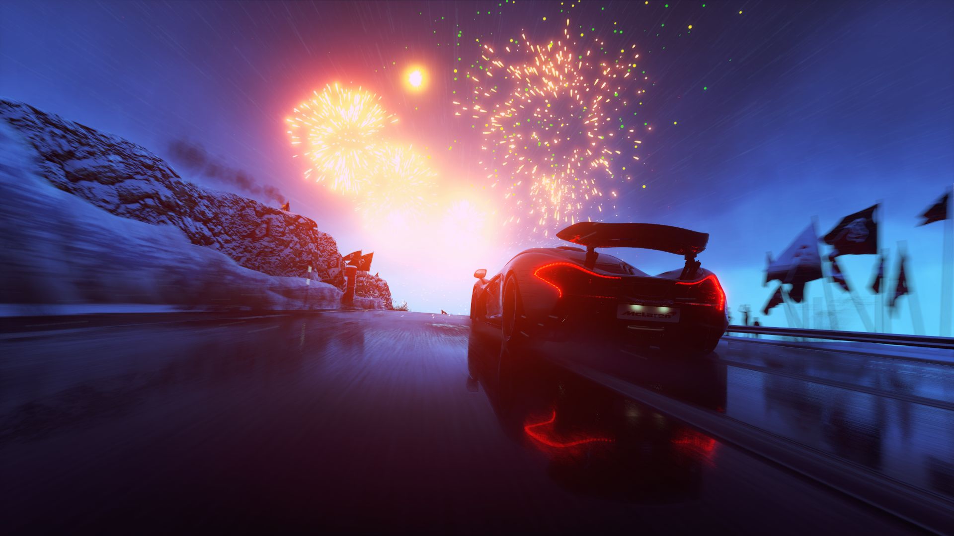 snow, video game, driveclub, fireworks, mclaren p1, mclaren, racing Image for desktop