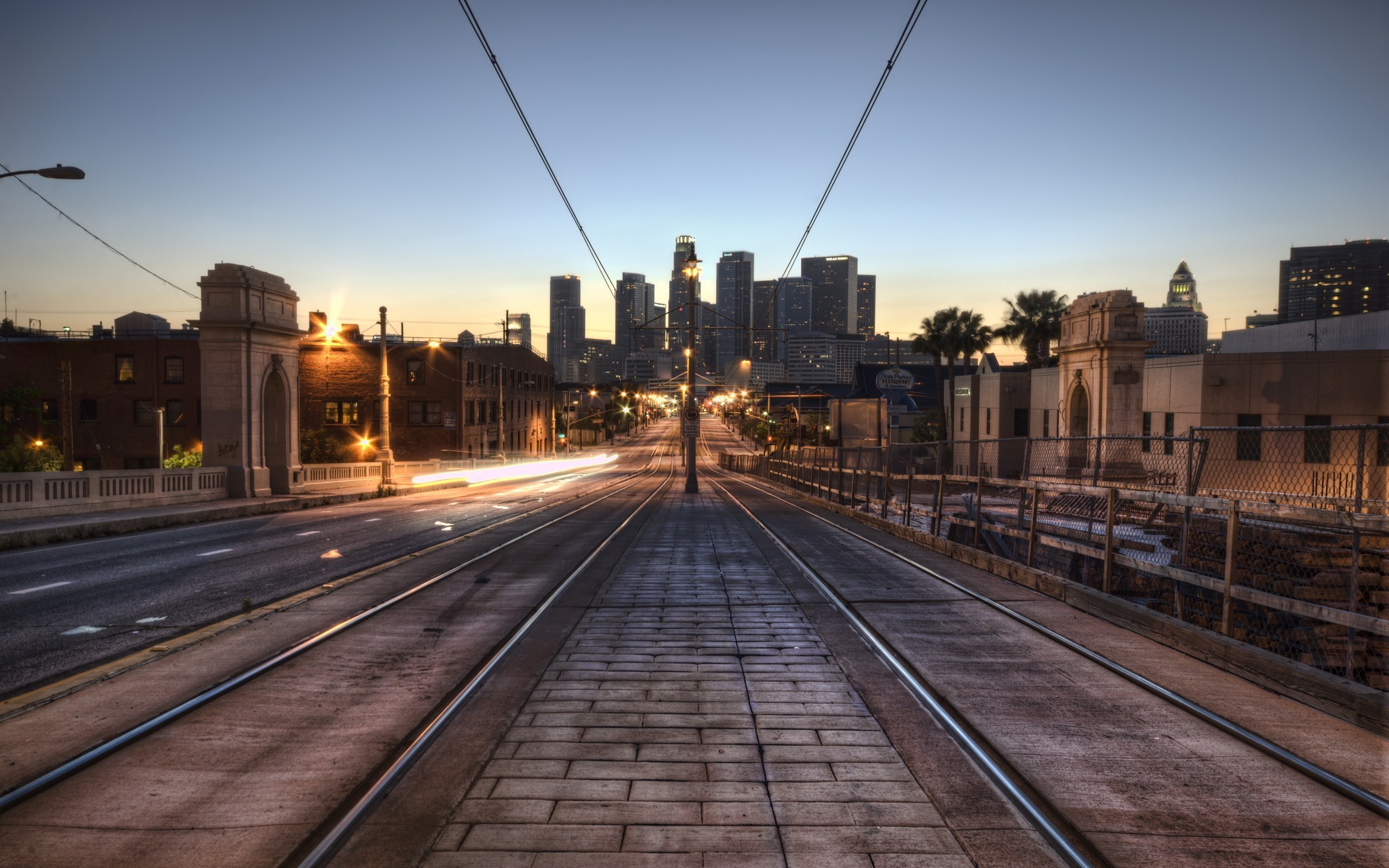 Download mobile wallpaper Los Angeles, Railroad, California, Cityscape, Cities, Light, Man Made, City for free.