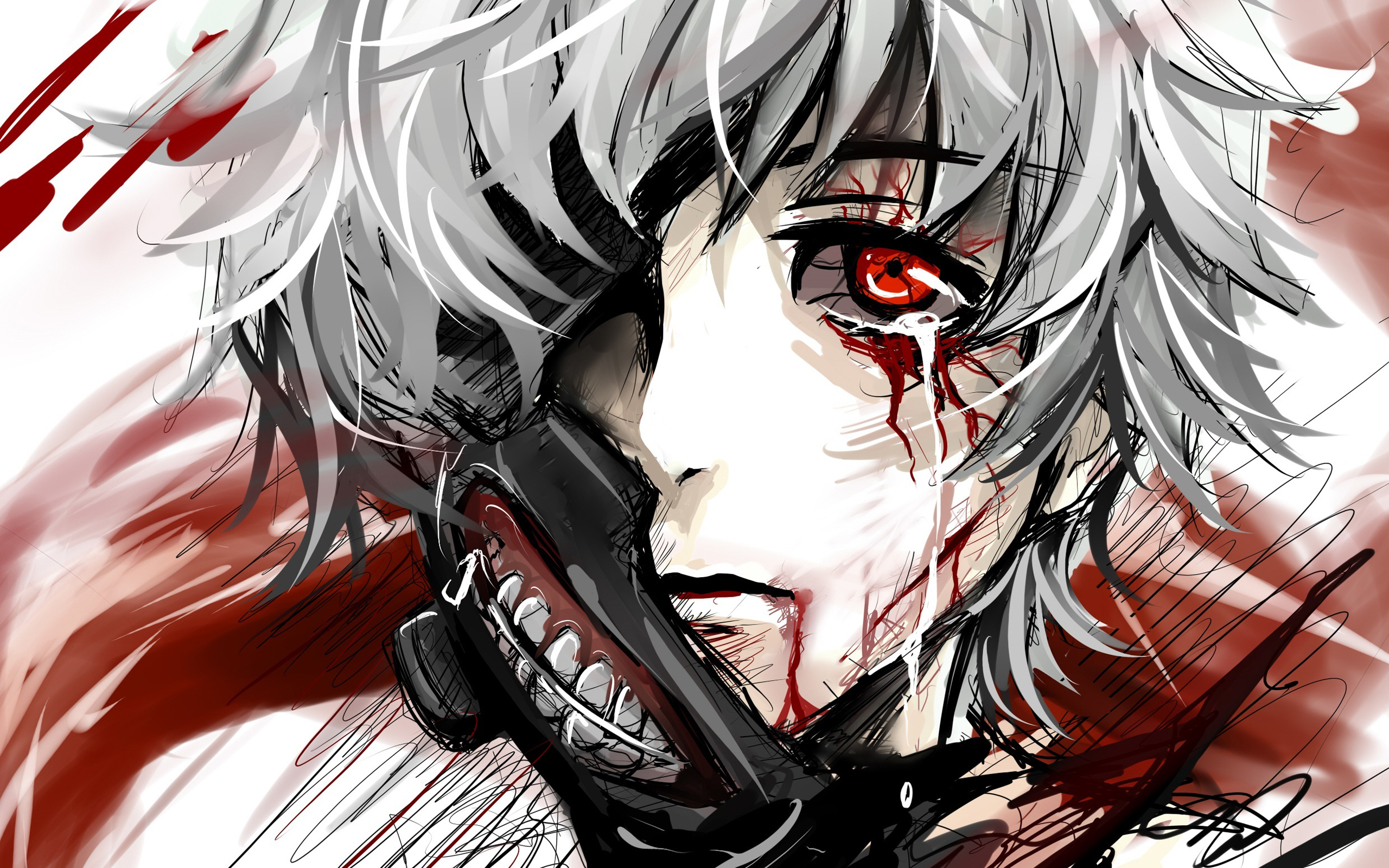 blood, ken kaneki, white hair, close up, red eyes, anime, tokyo ghoul, mask, tears