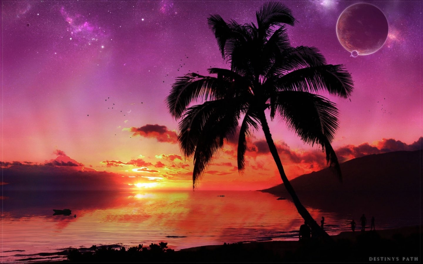 Handy-Wallpaper Landschaft, Sunset, Sky, Palms, Bäume, Sea kostenlos herunterladen.