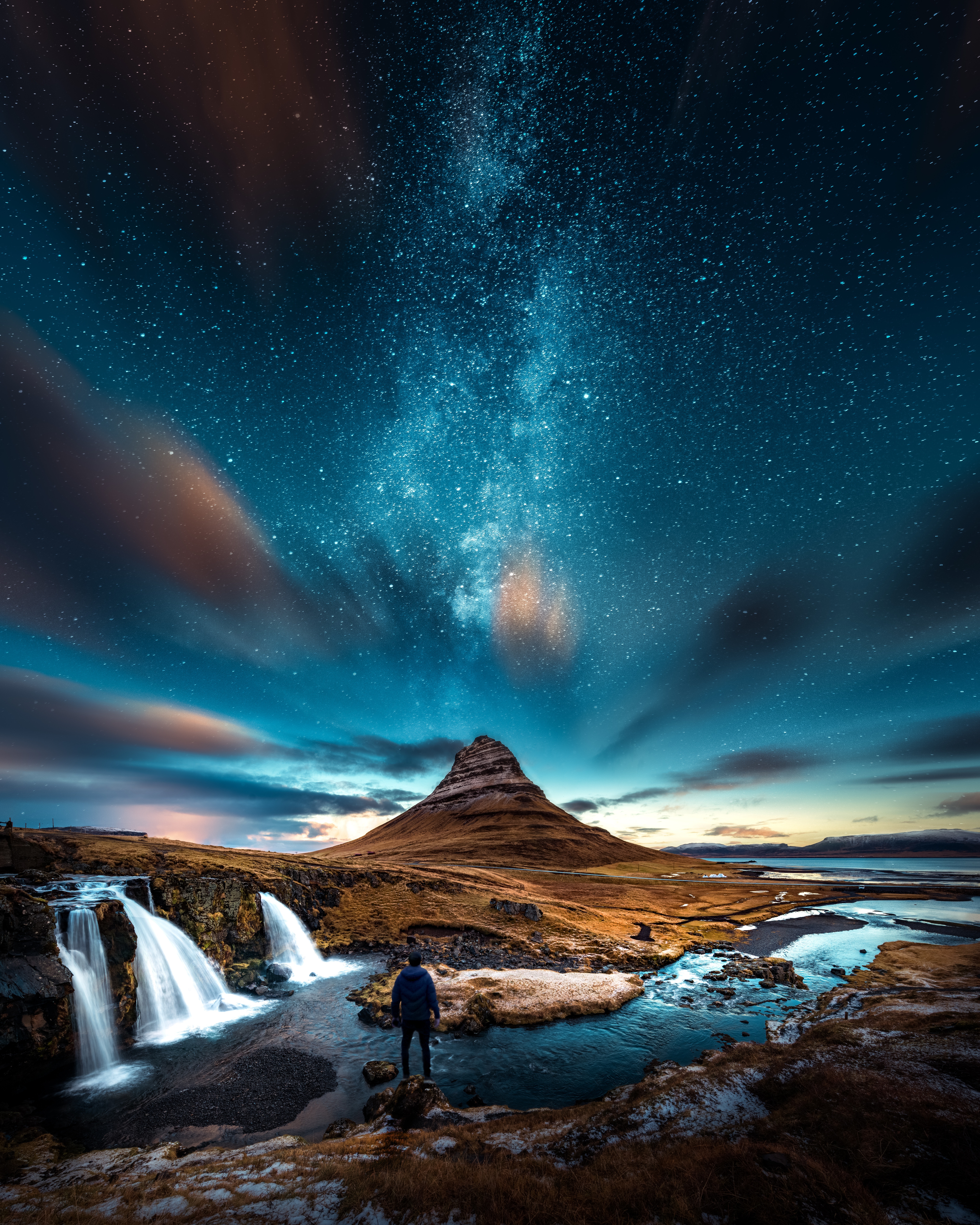 Free download wallpaper Rivers, Mountains, Waterfall, Starry Sky, Human, Person, Nature on your PC desktop