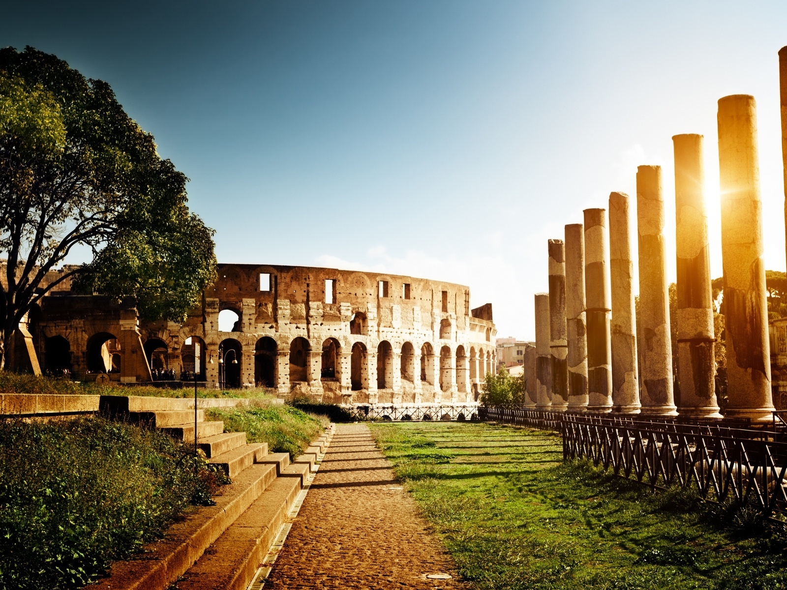 Download mobile wallpaper Sun, Architecture, Landscape, Colosseum for free.