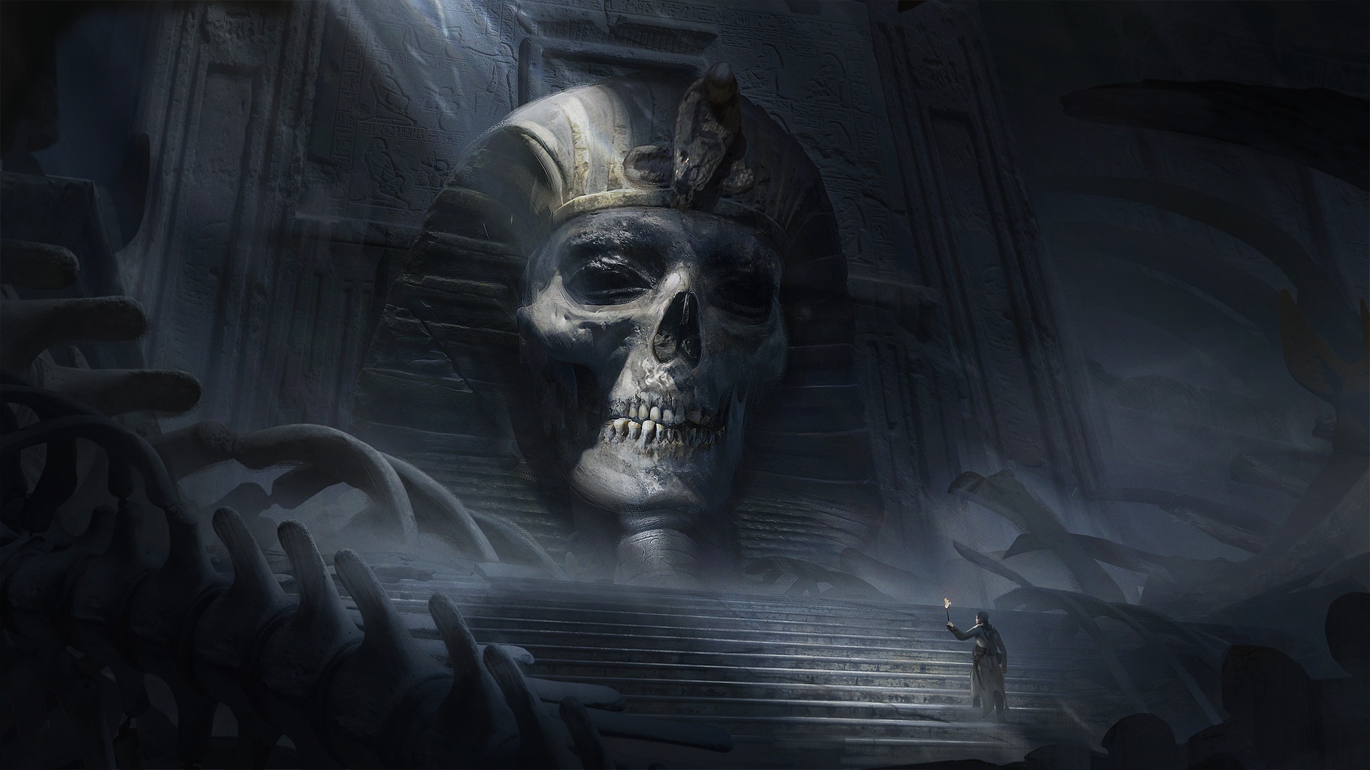 skull, fantasy, dark, bones, egyptian, ruin HD wallpaper