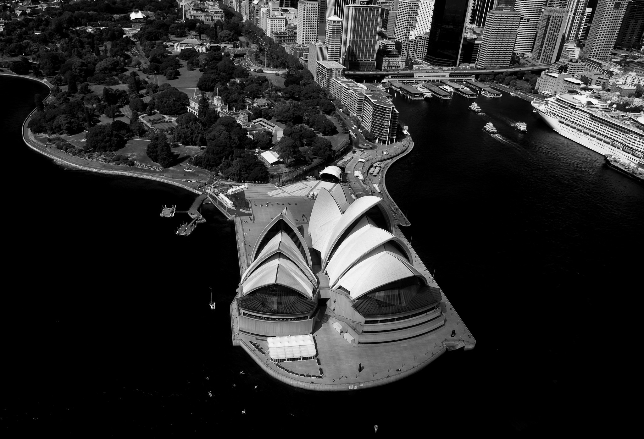 man made, sydney opera house, aerial, australia, black & white, building, circular quay, sydney harbour