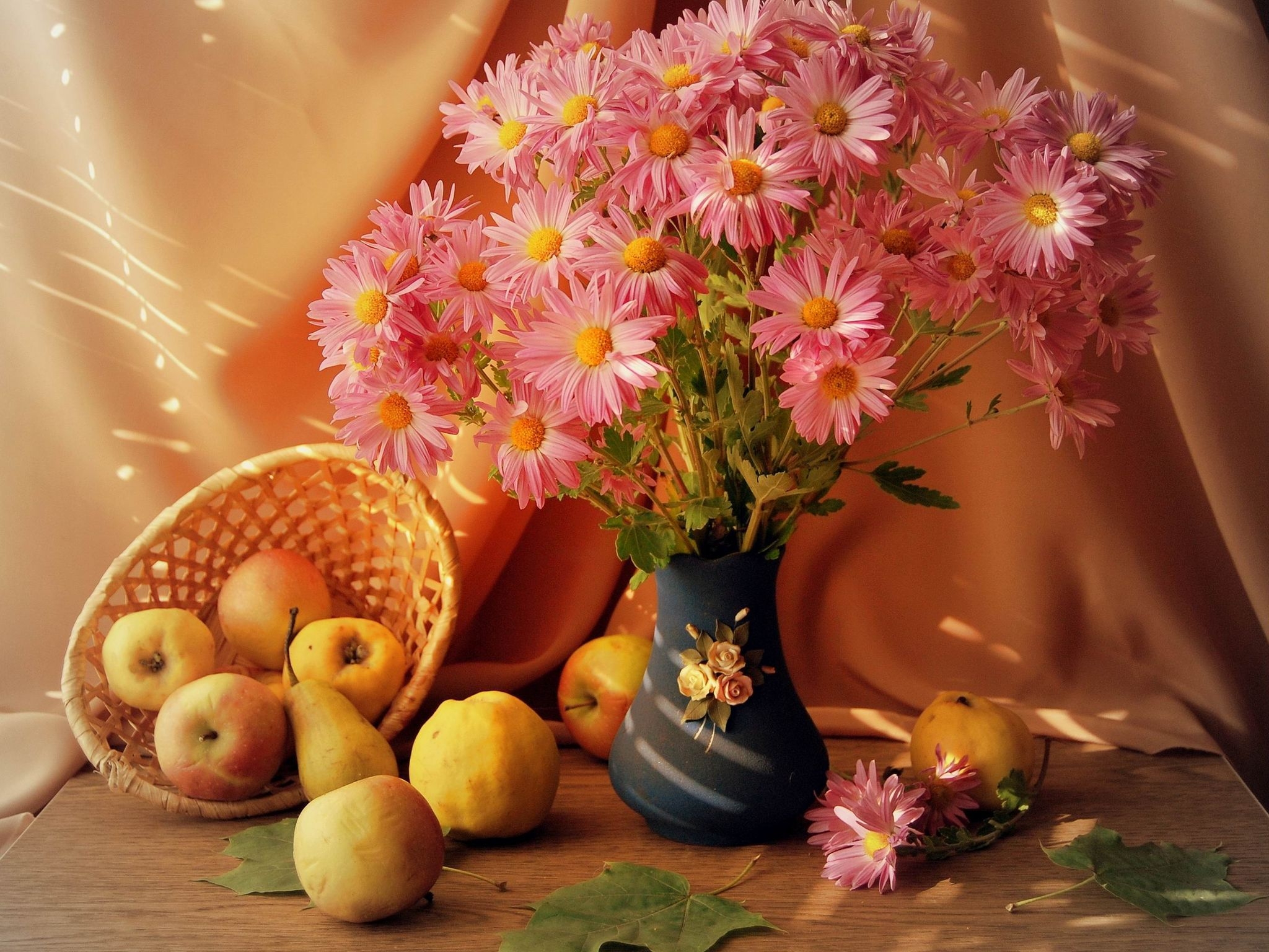 still life, fruits, flowers, table, vase, basket
