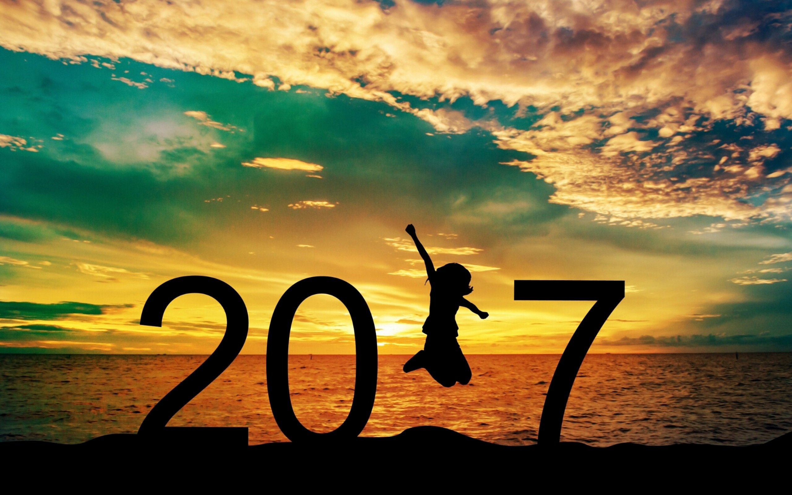 807573 скачать картинку новый год, праздничные, новый год 2017, облака, прыжок, океан, небо - обои и заставки бесплатно