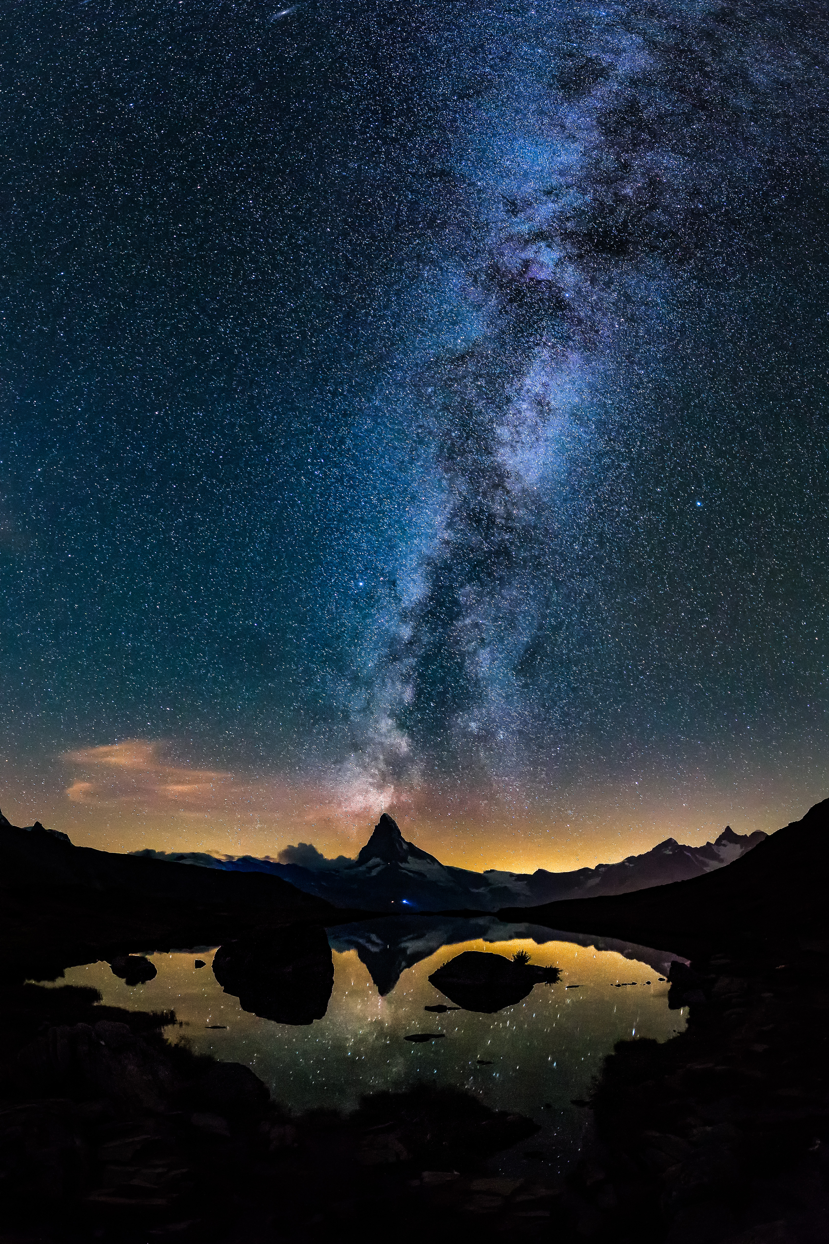universe, nature, mountains, lake, starry sky 4K