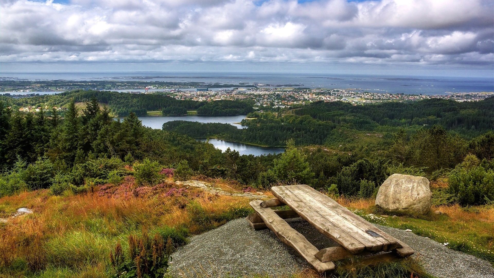 table, elevation, benches, nature, stones, city, forest, rise, view, islands