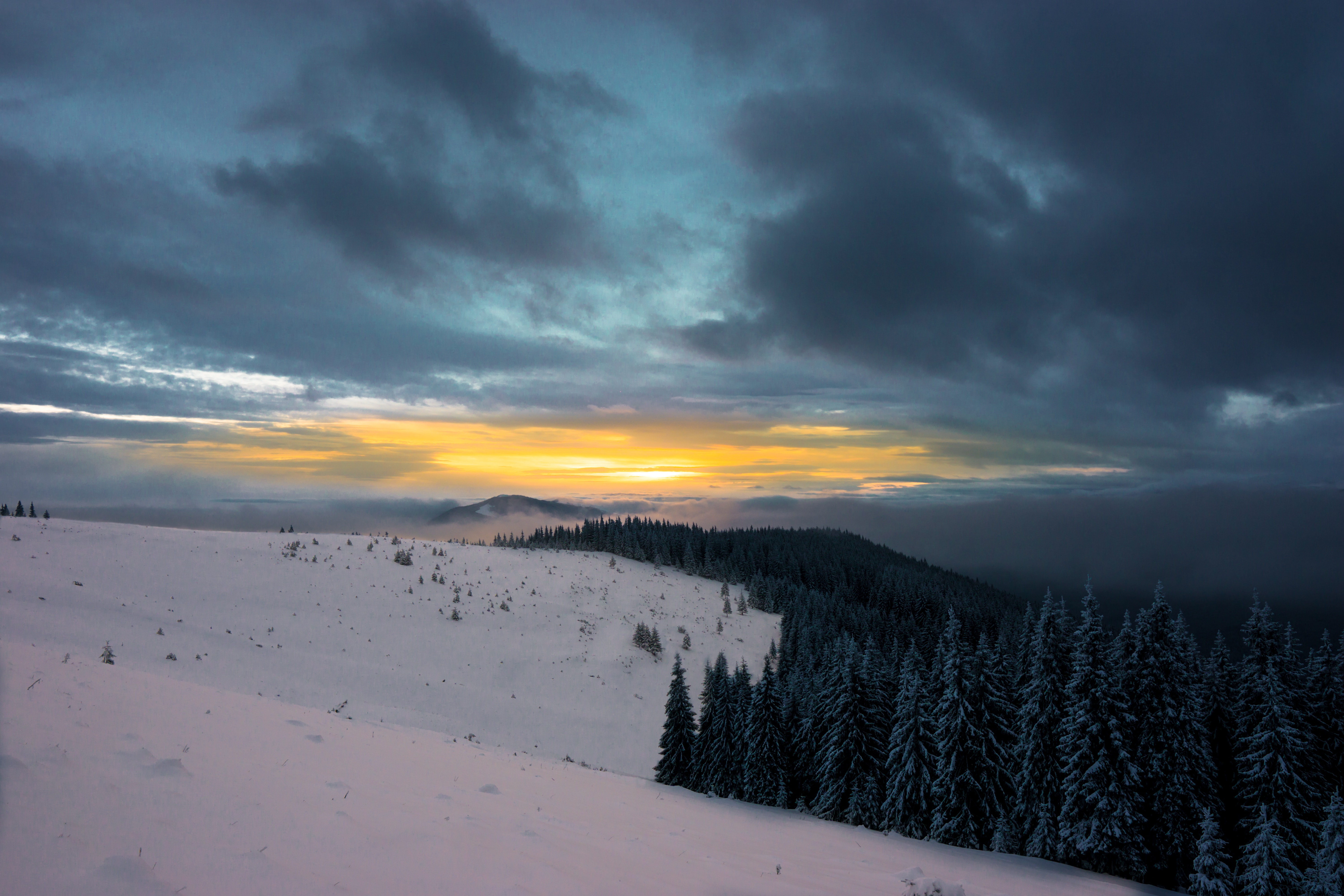nature, snow, mountains, winter, sunset, sky, clouds, forest, snow covered, snowbound