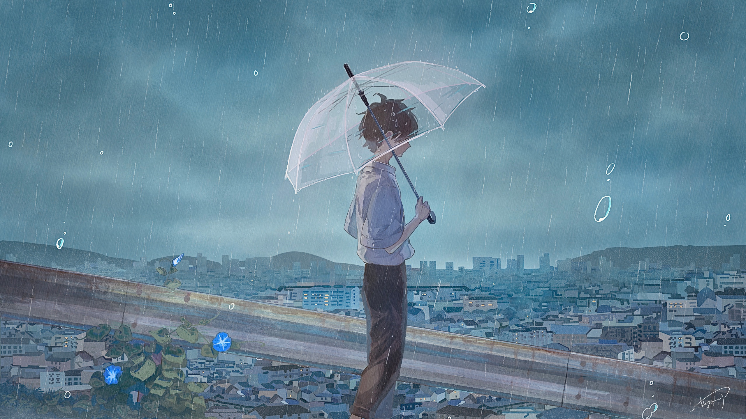anime girl standing on a wet street in the heavy rai...