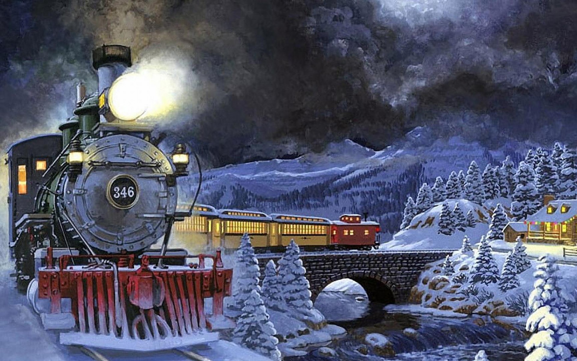 804862 скачать обои поезд, художественные, зима, мост, лес, дом, локомотив, гора, снег, город - заставки и картинки бесплатно