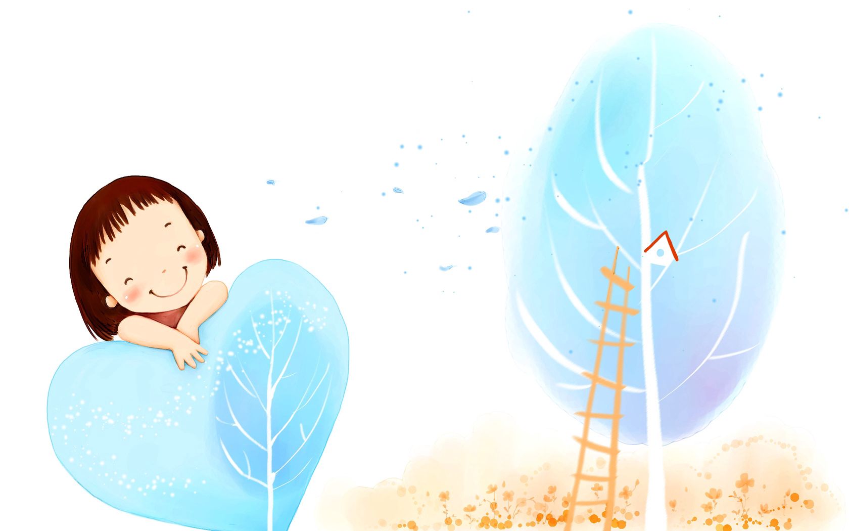Download mobile wallpaper Wood, Tree, Leaves, Child, Picture, Drawing, Girl, Love for free.