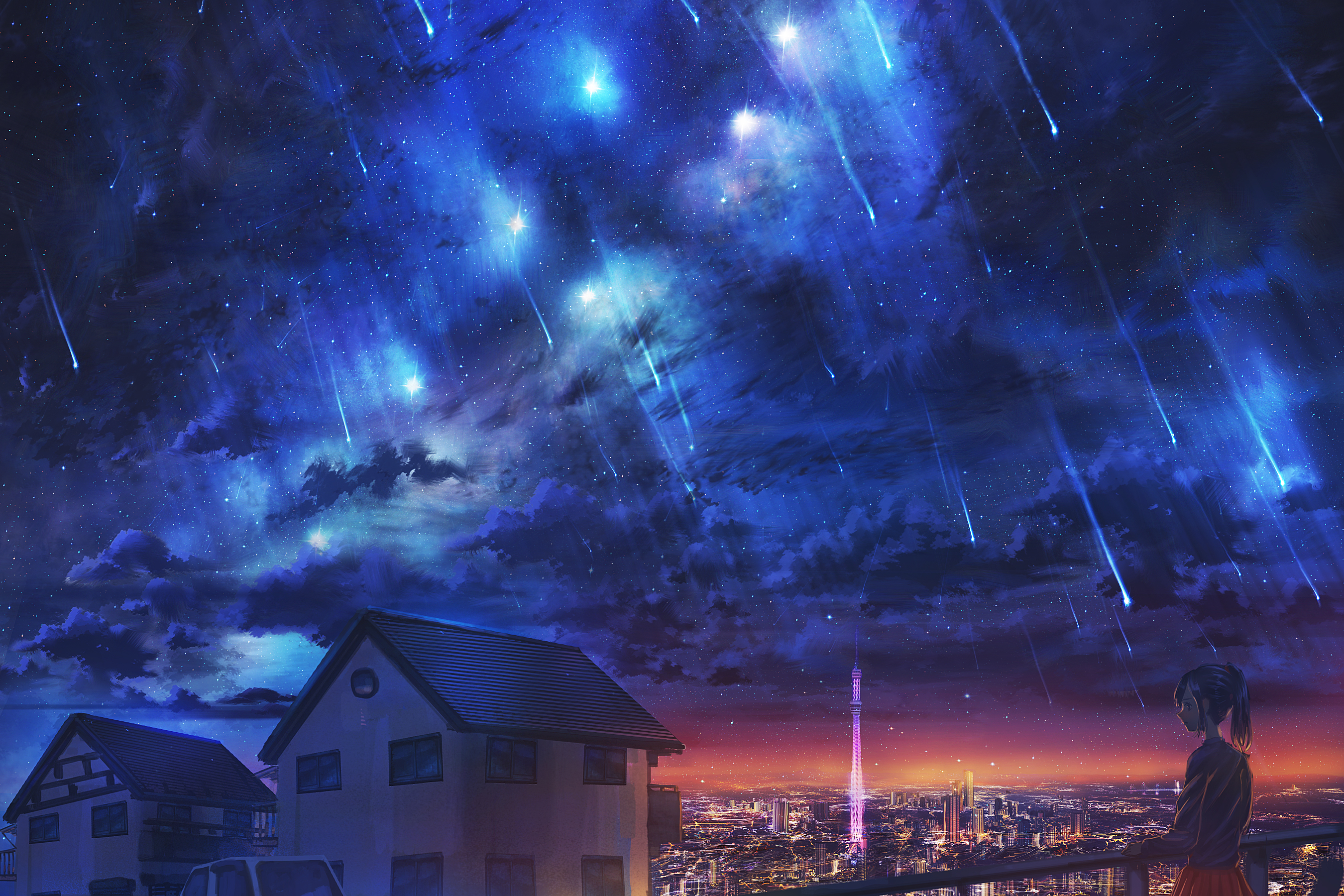 HD desktop wallpaper: Anime, City, Starry Sky, Tower, Original, Shooting  Star download free picture #967214