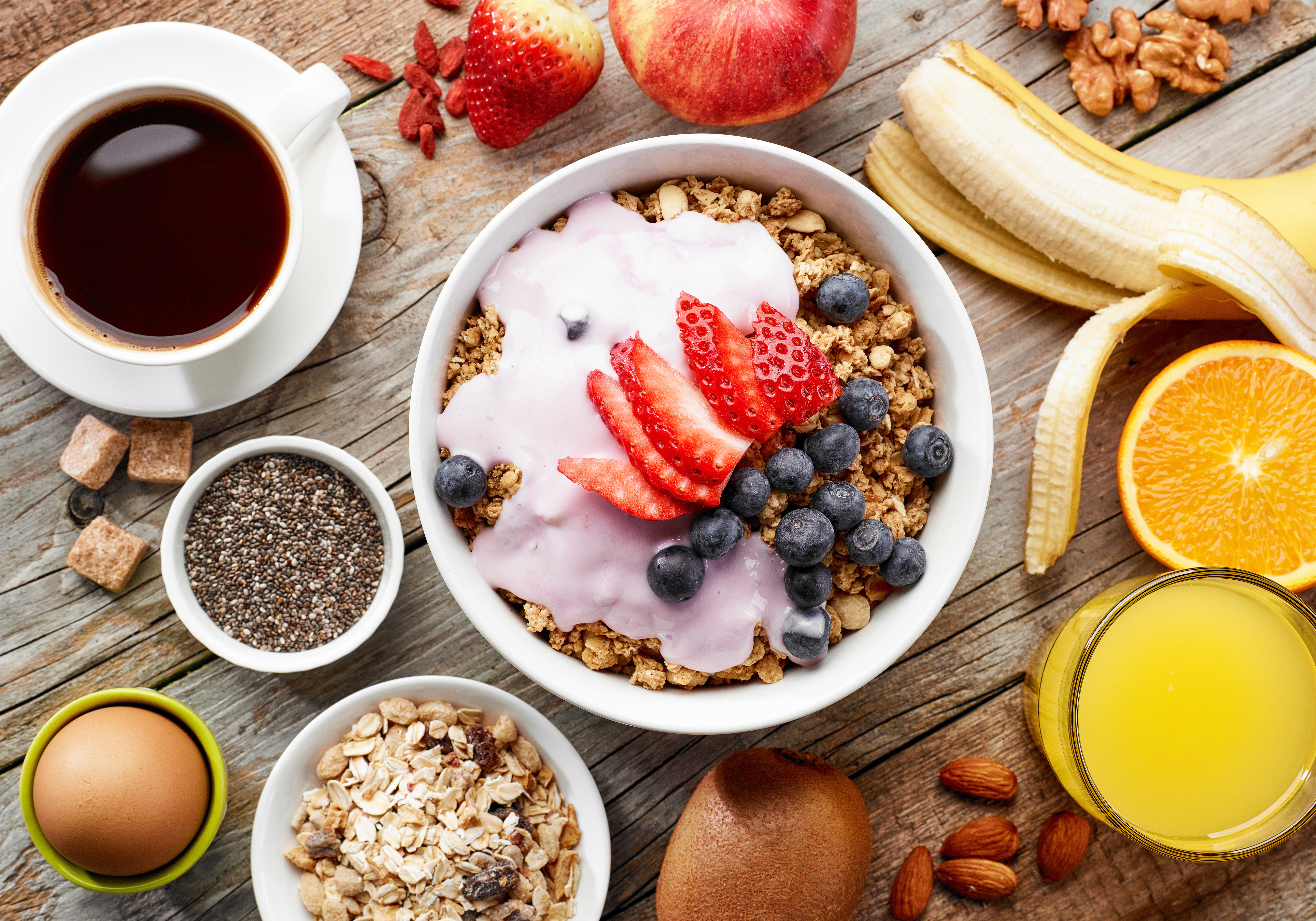egg, food, breakfast, banana, blueberry, cereal, coffee, cup, juice, muesli, strawberry Aesthetic wallpaper
