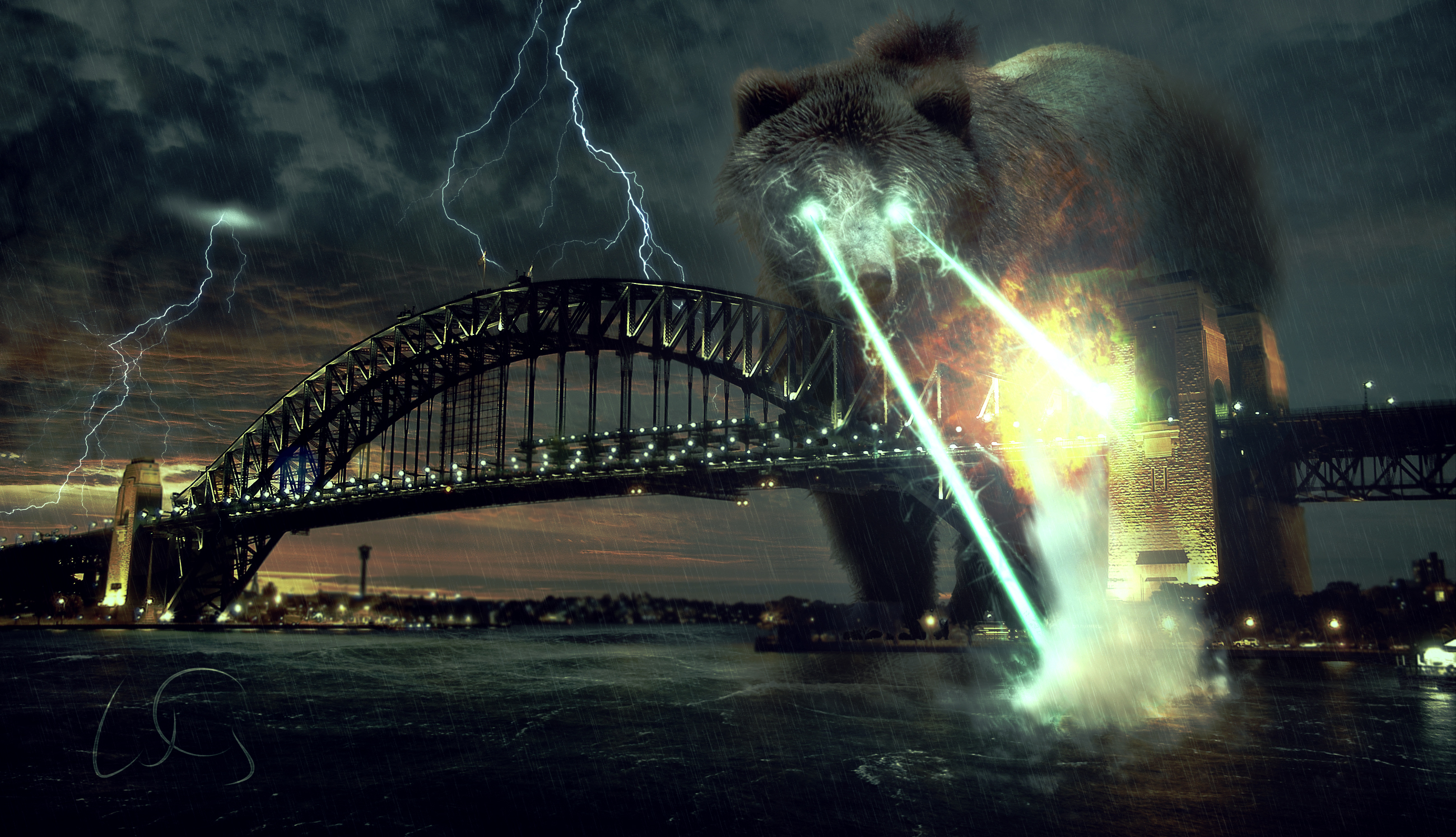bear, sci fi, apocalyptic, apocalypse, explosion, harbor, laser, sydney harbour bridge, sydney 1080p