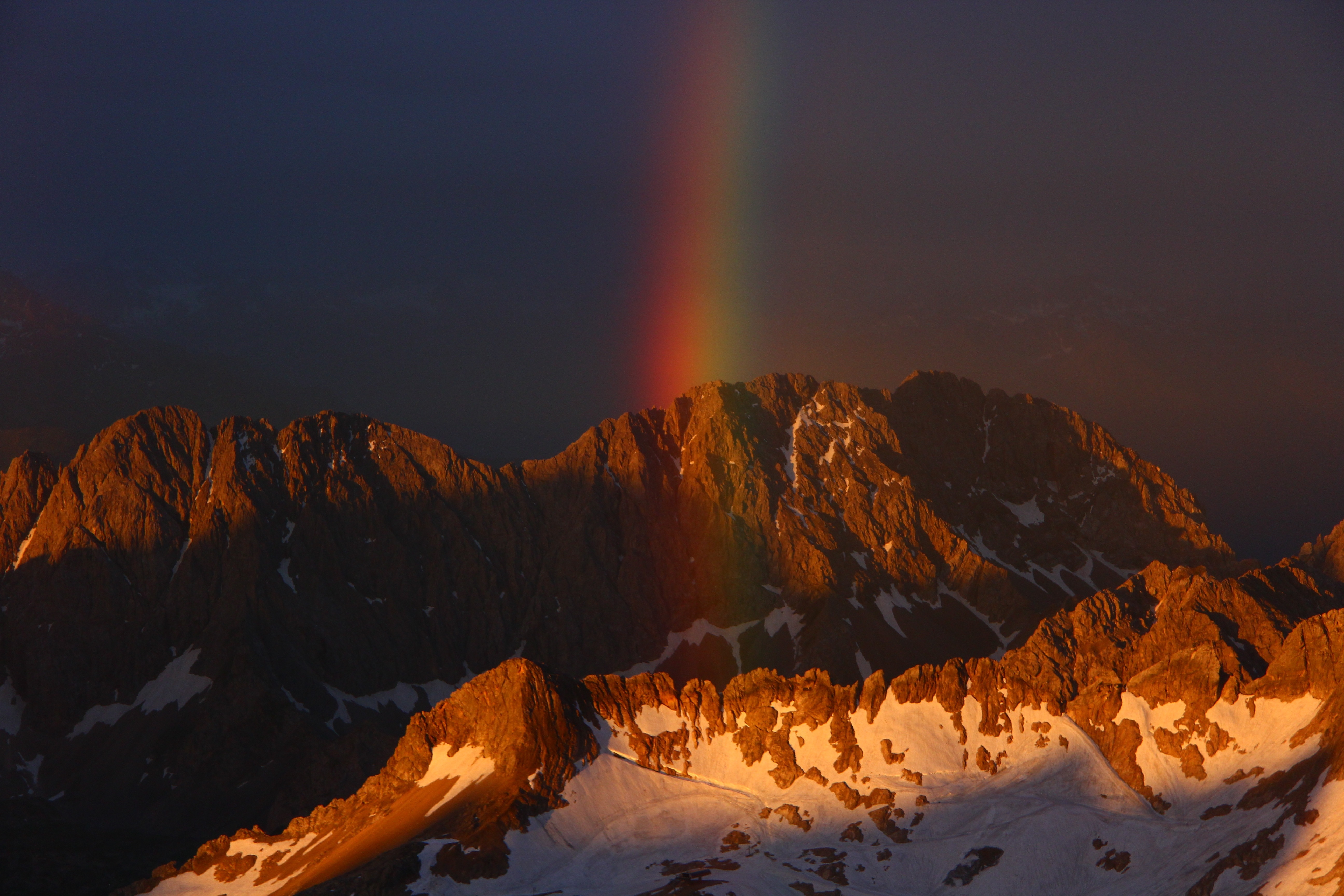 Download mobile wallpaper Snow, Mountains, Sky, Nature, Rainbow for free.