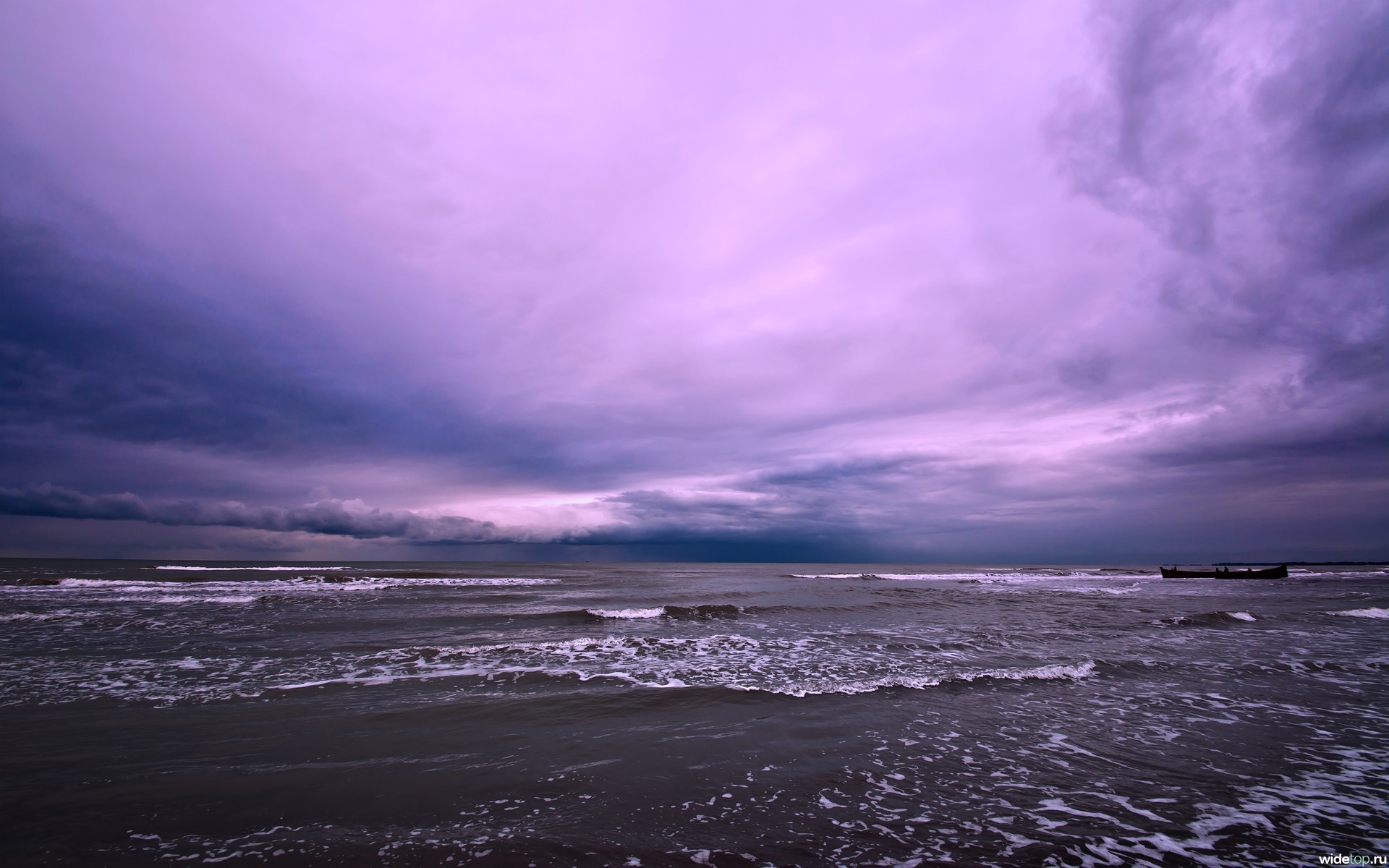 Download mobile wallpaper Clouds, Landscape, Waves, Sunset, Sea, Violet for free.