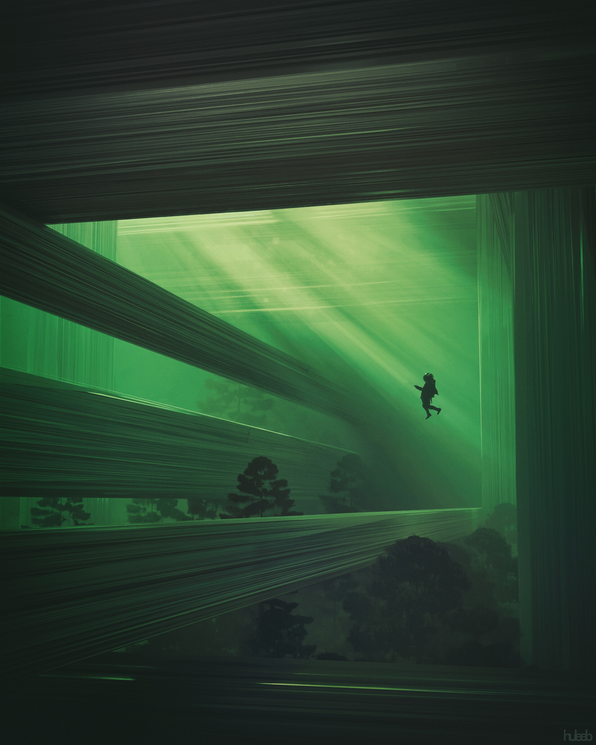 art, loneliness, trees, fantasy, beams, rays, human, person, spacesuit, space suit 4K, Ultra HD