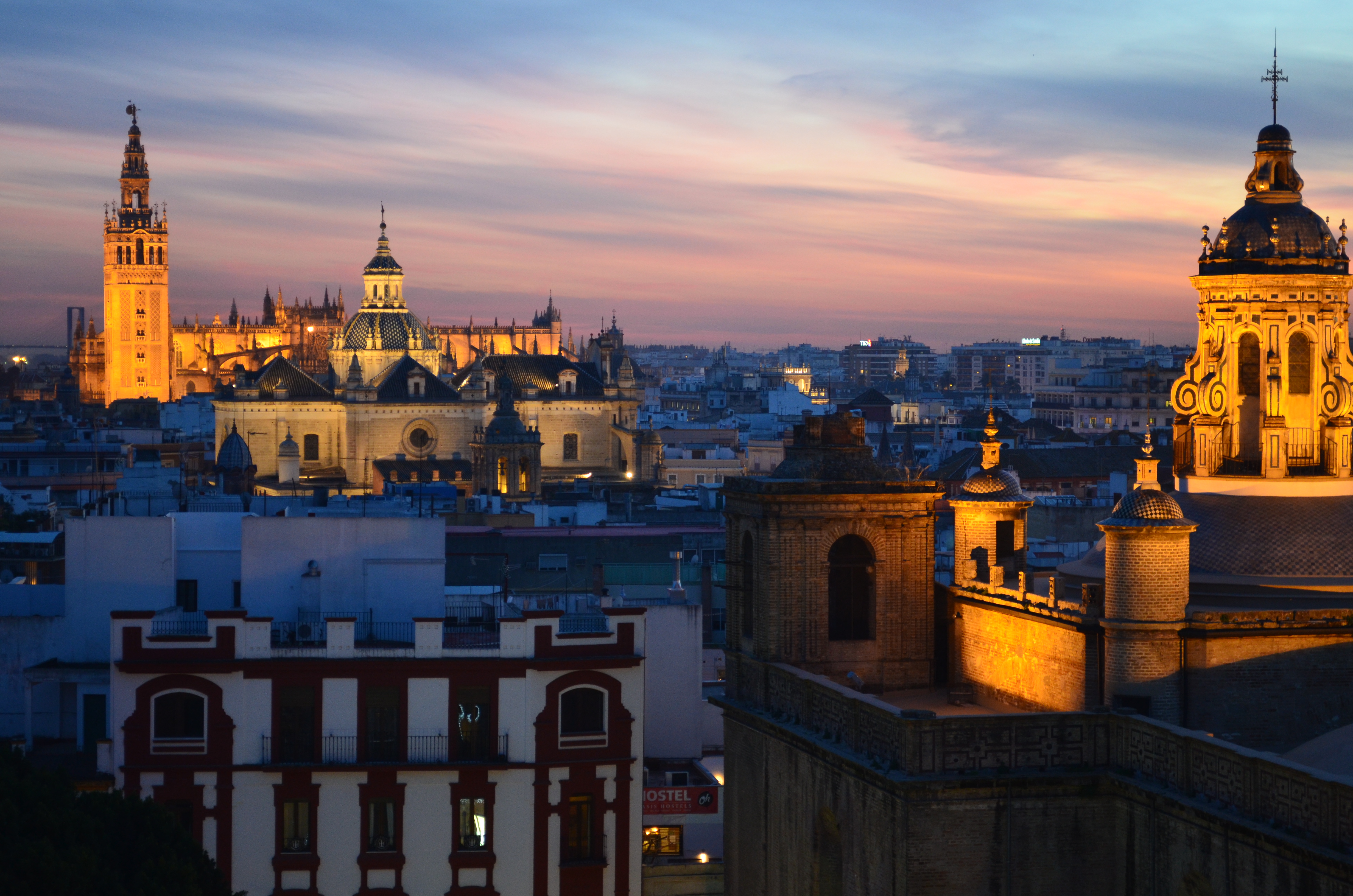 man made, seville, andalusia, cathedral, city, night, spain, twilight, cities