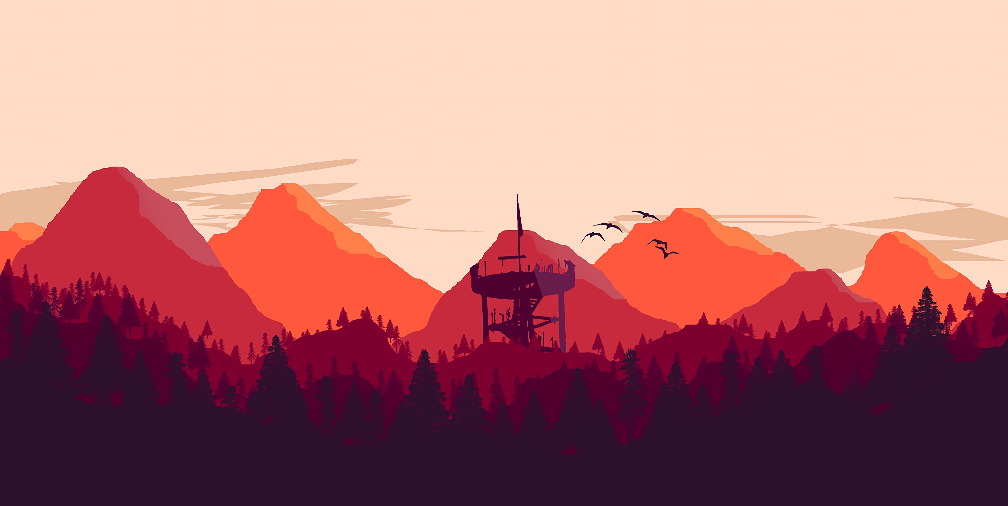 1920 x 1080 picture vector, mountains, forest, art, tower