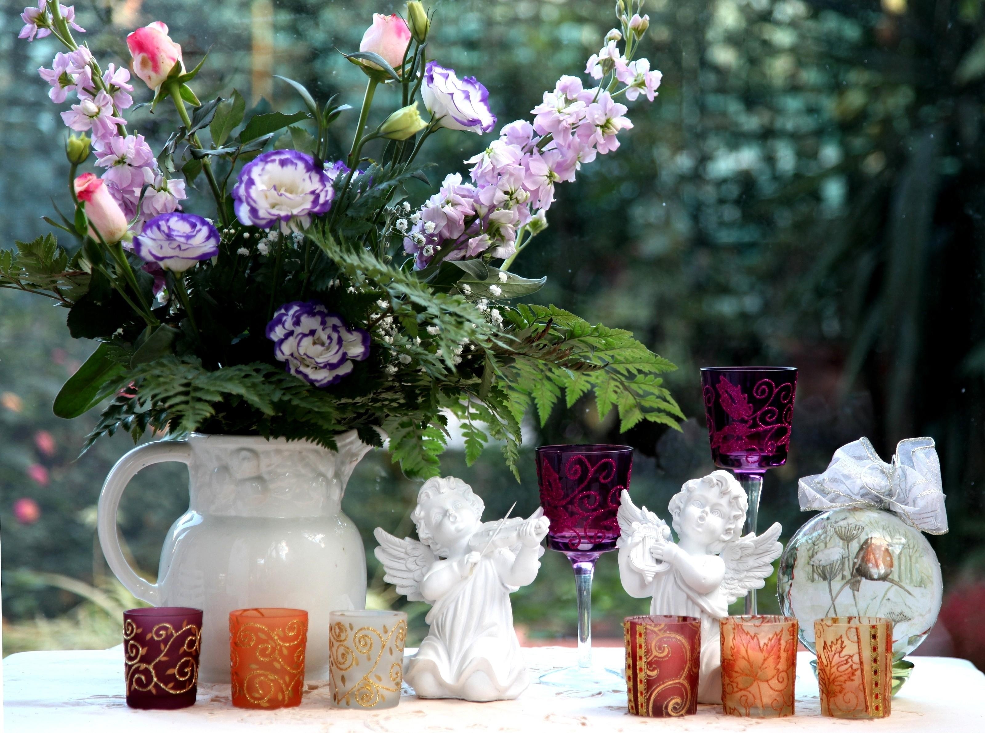 angels, flowers, bouquet, jug, glasses, lisianthus russell, lisiantus russell, levkoy, gillyflower, goblets
