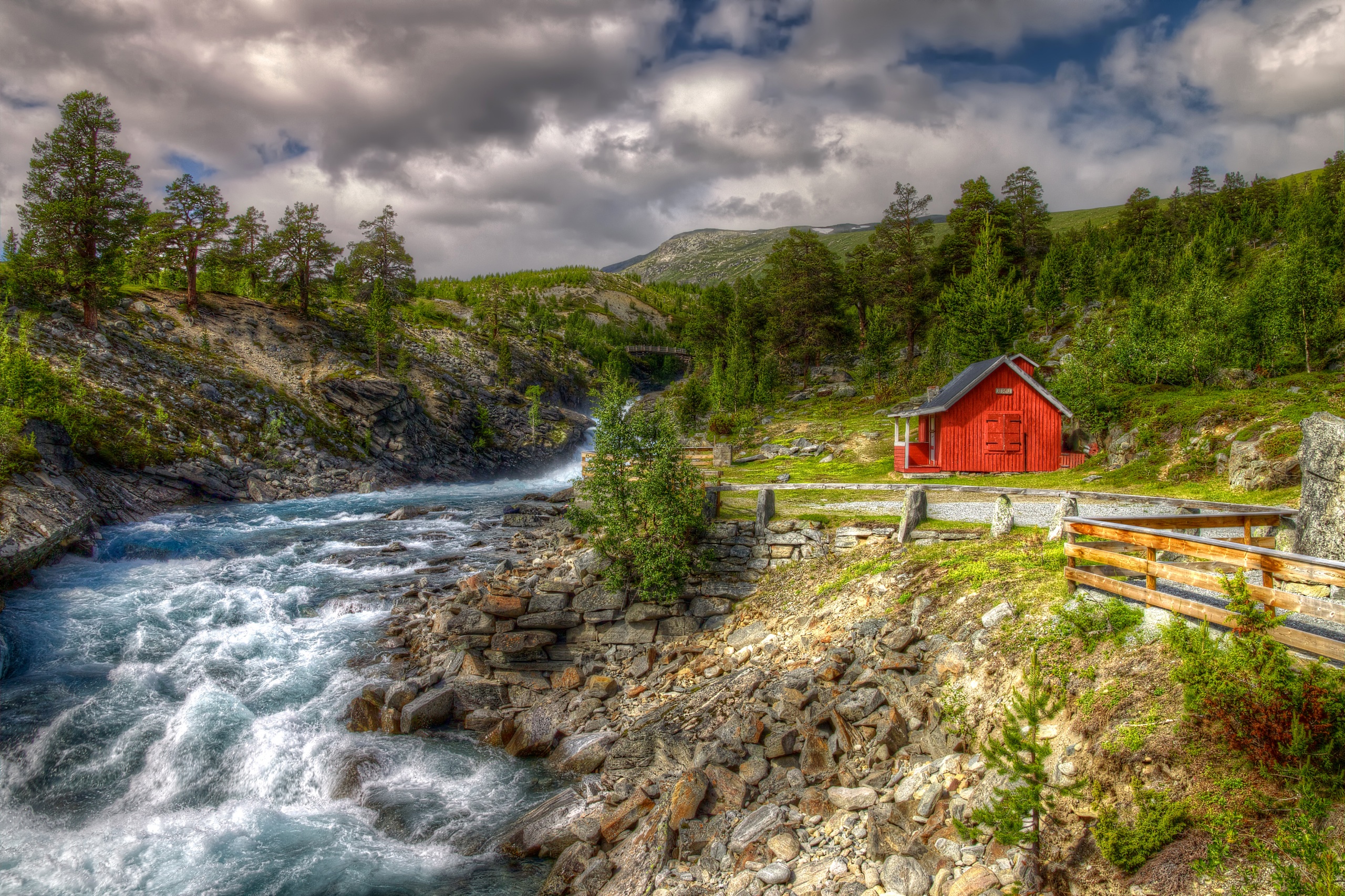 norway, man made, house, landscape, river, tree