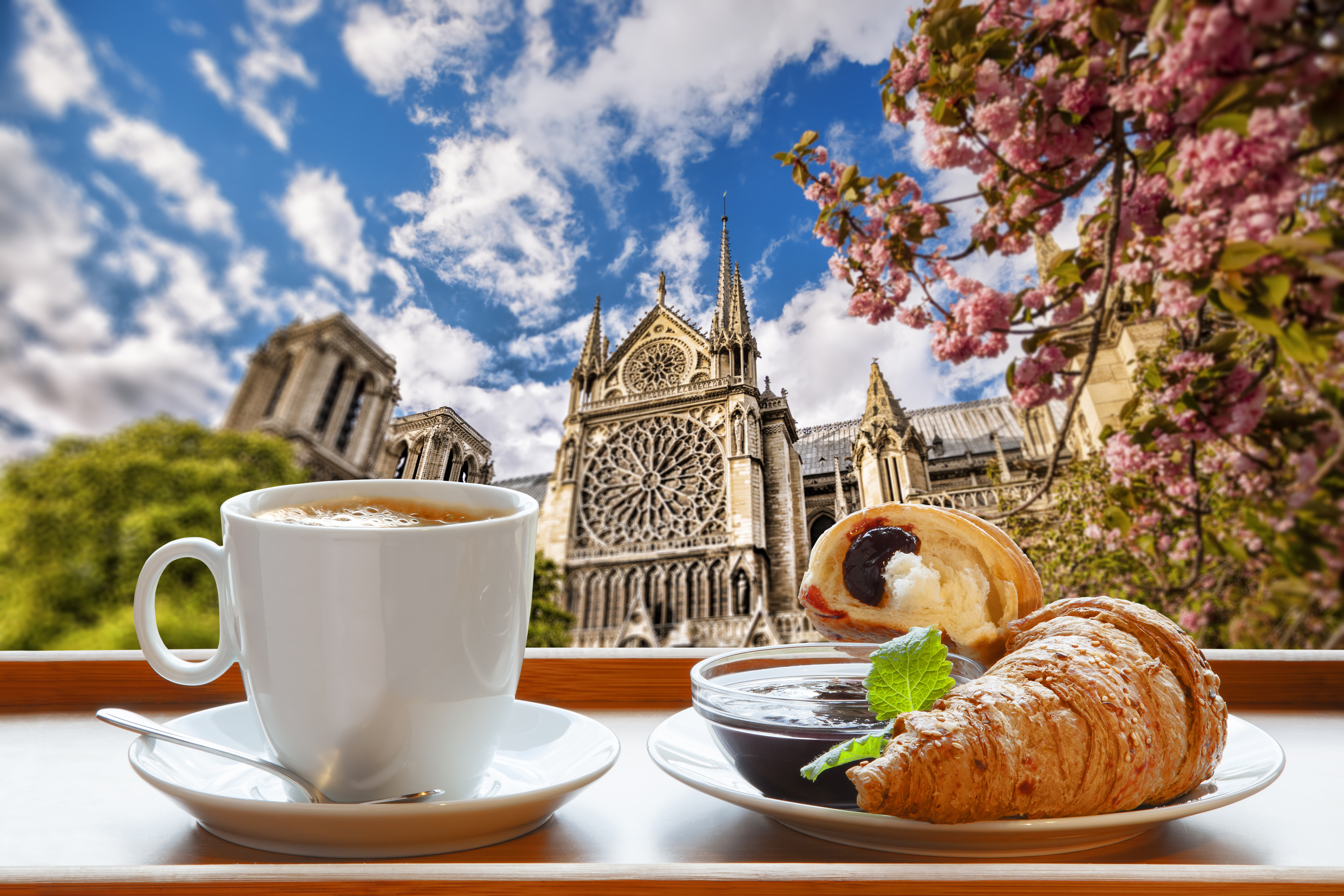 breakfast, cup, spring, food, cathedral, coffee, croissant, france, notre dame de paris, paris