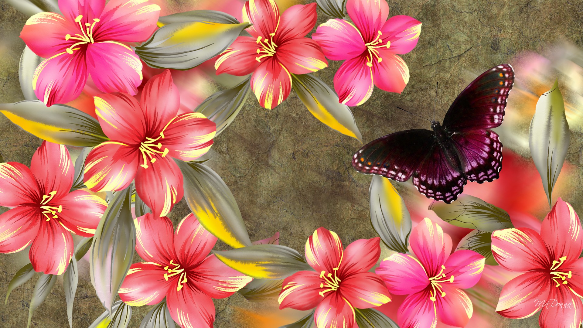 375379 завантажити шпалери весна, художній, квітка, метелик, гібіскус, рожевий, фіолетовий, флауерзи - заставки і картинки безкоштовно
