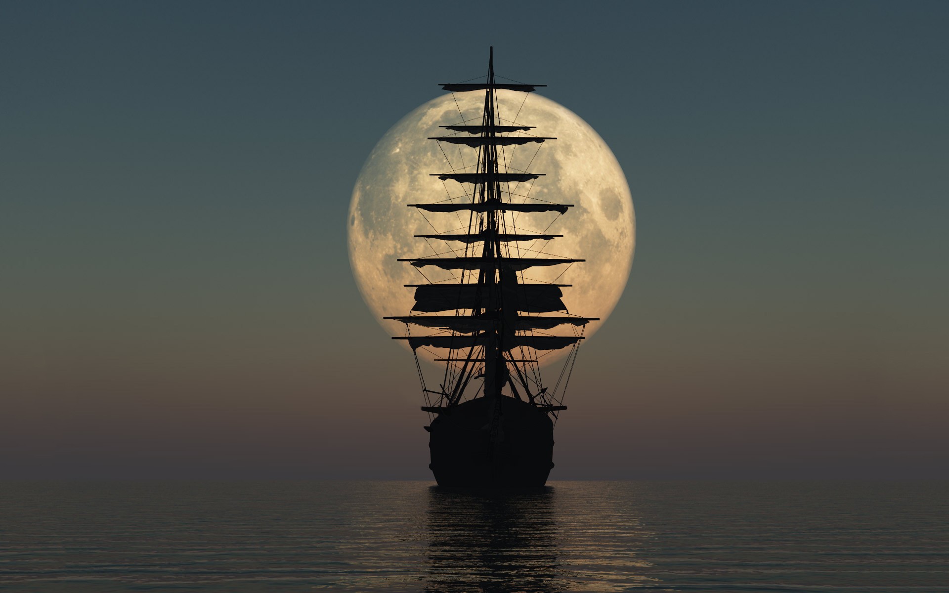 moonlight, ocean, fantasy, ship Full HD
