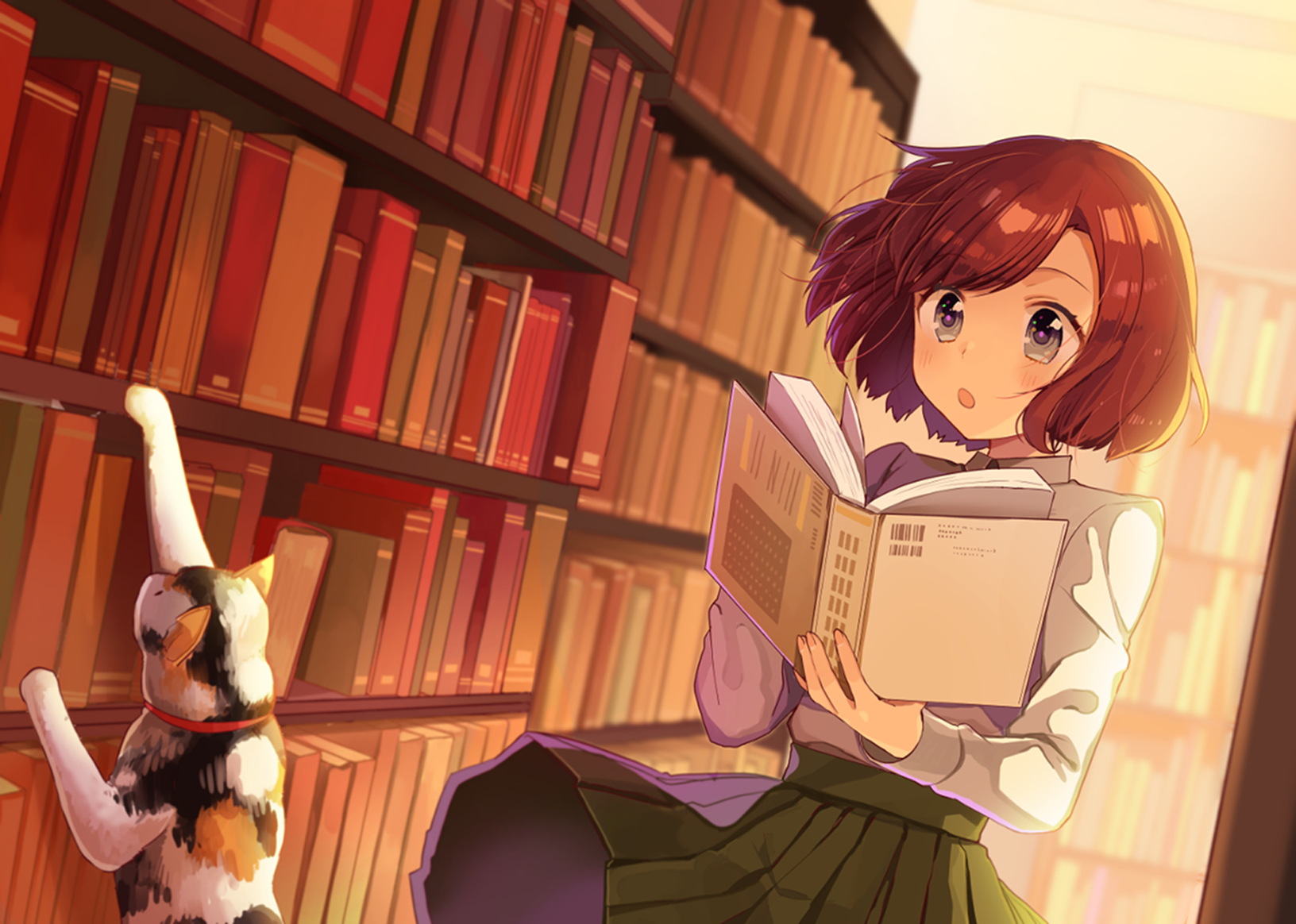 Download mobile wallpaper Anime, Cat, Girl, Book, Library, Brown Hair, Short Hair for free.