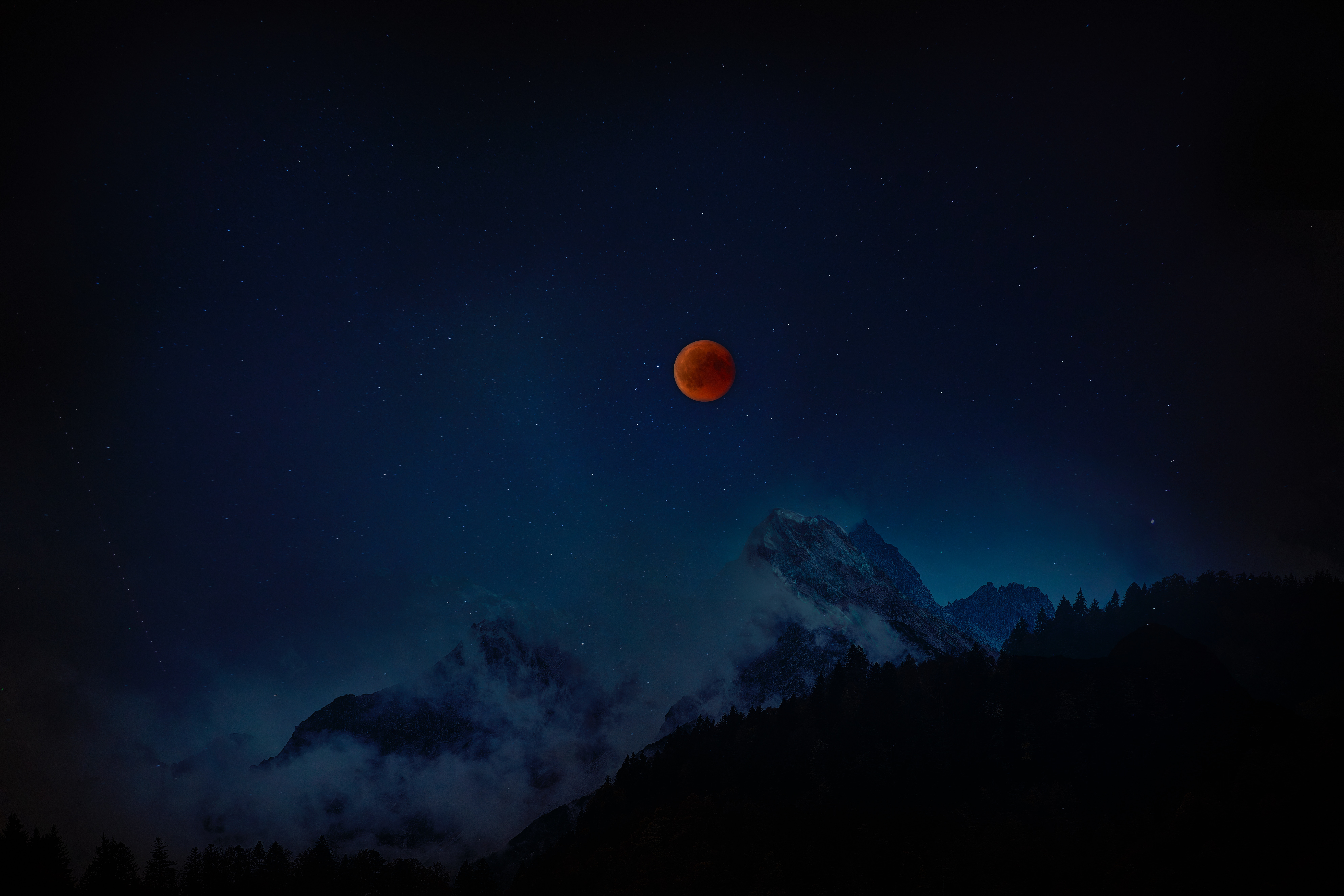 Handy-Wallpaper Mountains, Red Moon, Roter Mond, Übernachtung, Sternenhimmel, Vollmond, Universum kostenlos herunterladen.
