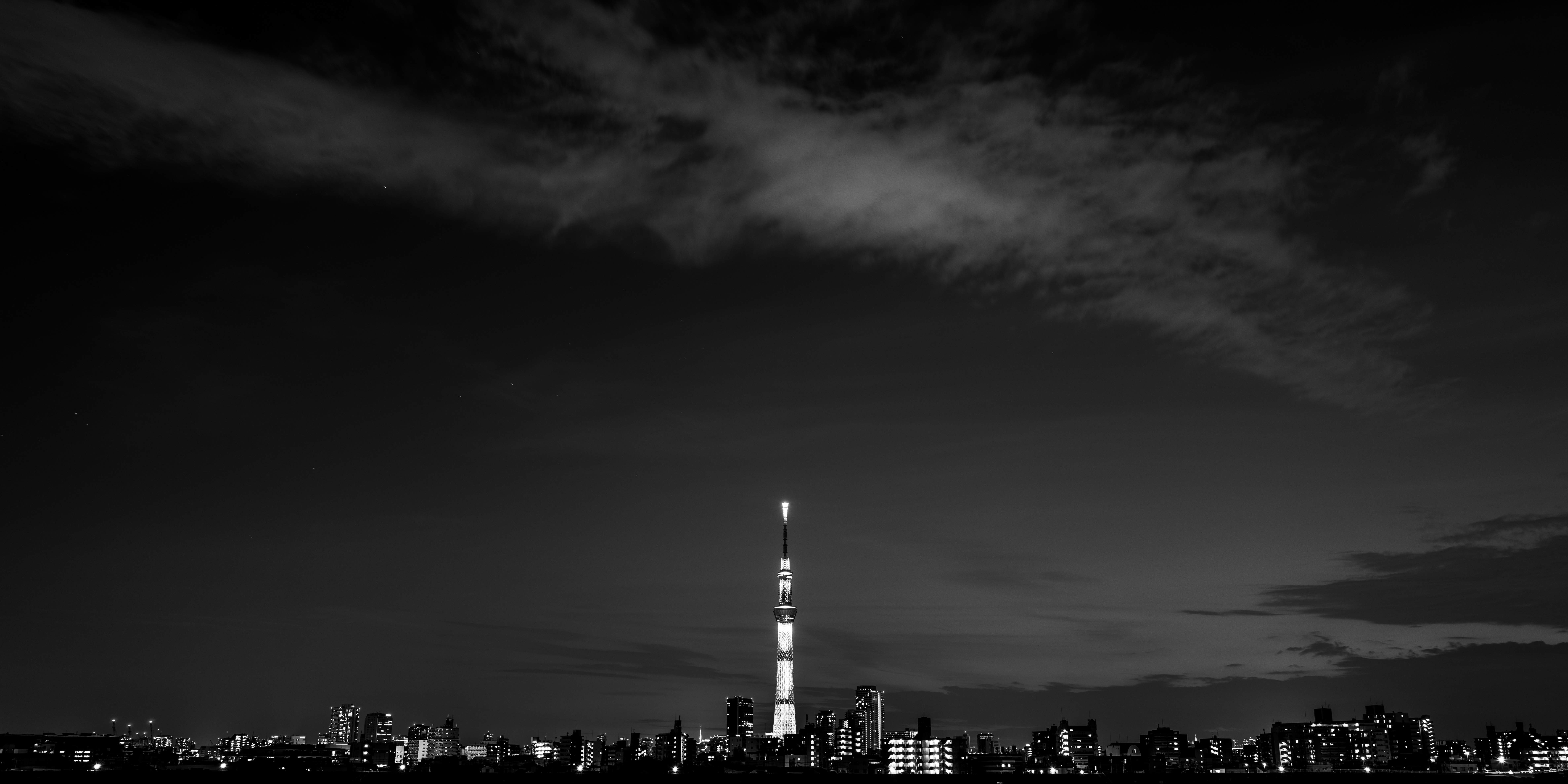 Download mobile wallpaper Building, Cities, Chb, Architecture, Bw, Night City, Panorama, Dark for free.