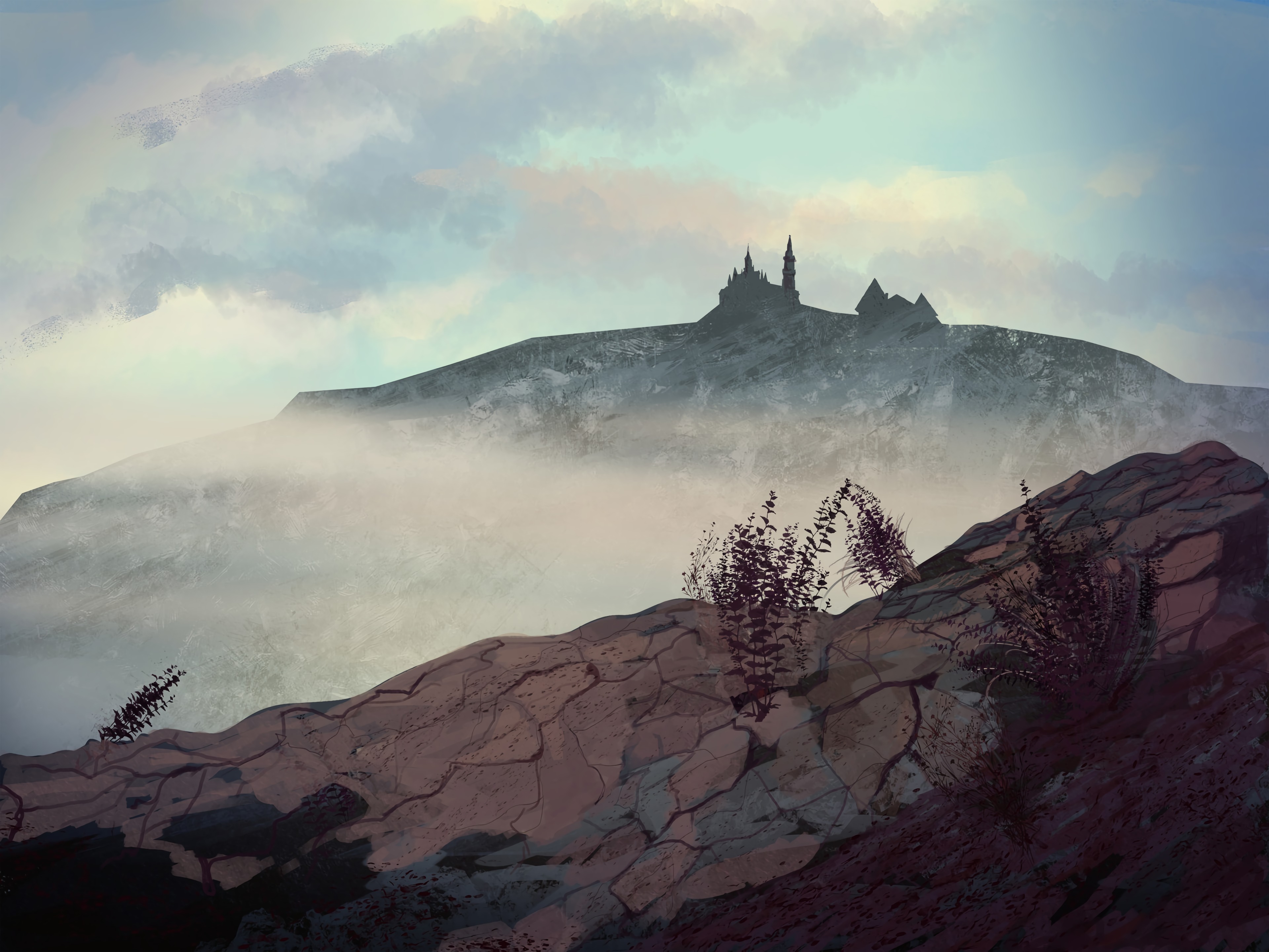 Горы в тумане. Холмы арт. Холмы цифровая живопись. Горы в тумане рисунок.